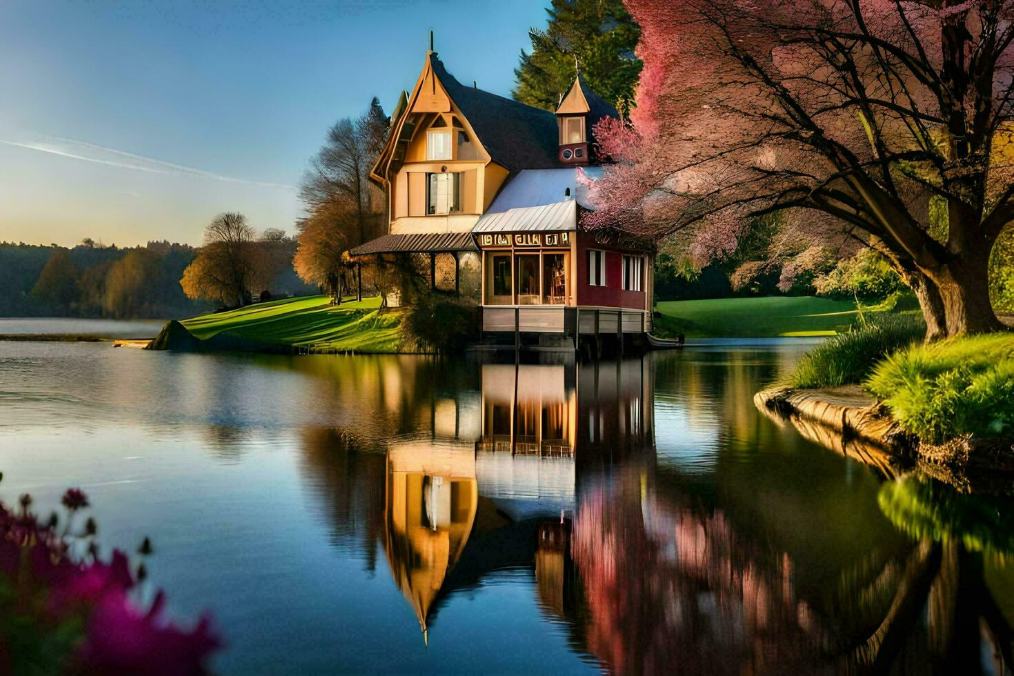 en hus på de sjö med en träd i de bakgrund. ai-genererad foto