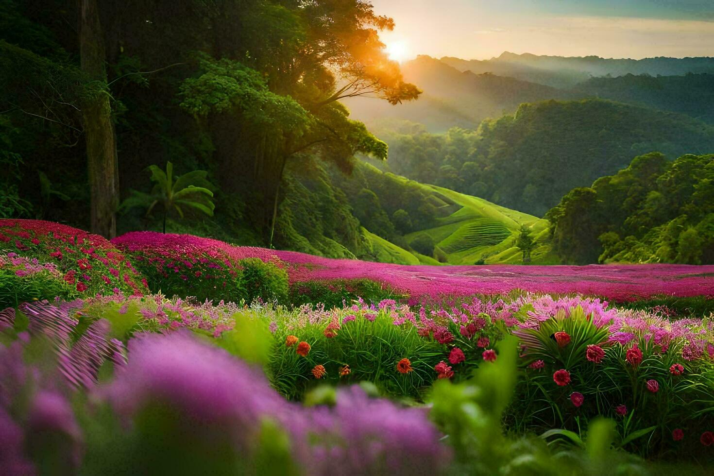 de Sol är miljö över en fält av lila blommor. ai-genererad foto