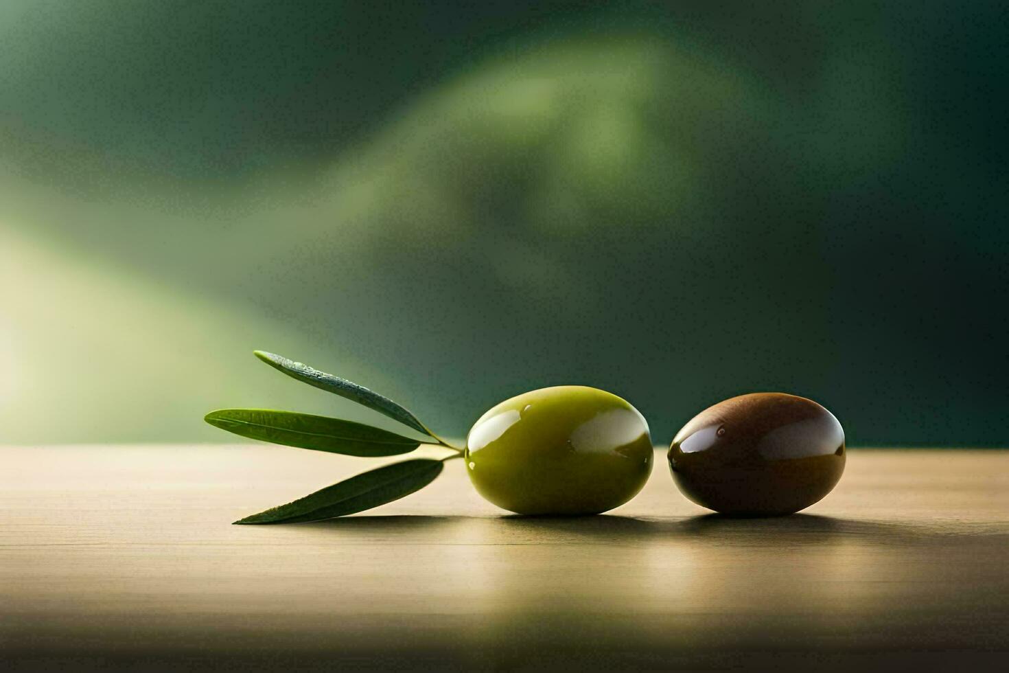två oliver på en trä- tabell med en grön bakgrund. ai-genererad foto