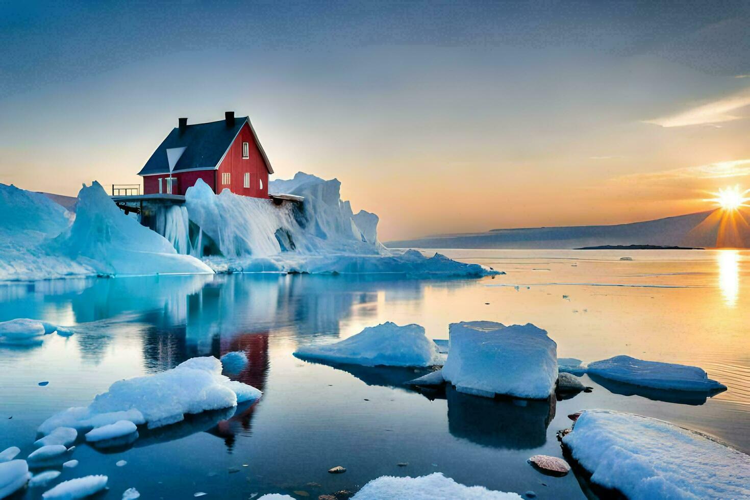 en röd hus sitter på topp av ett isberg. ai-genererad foto