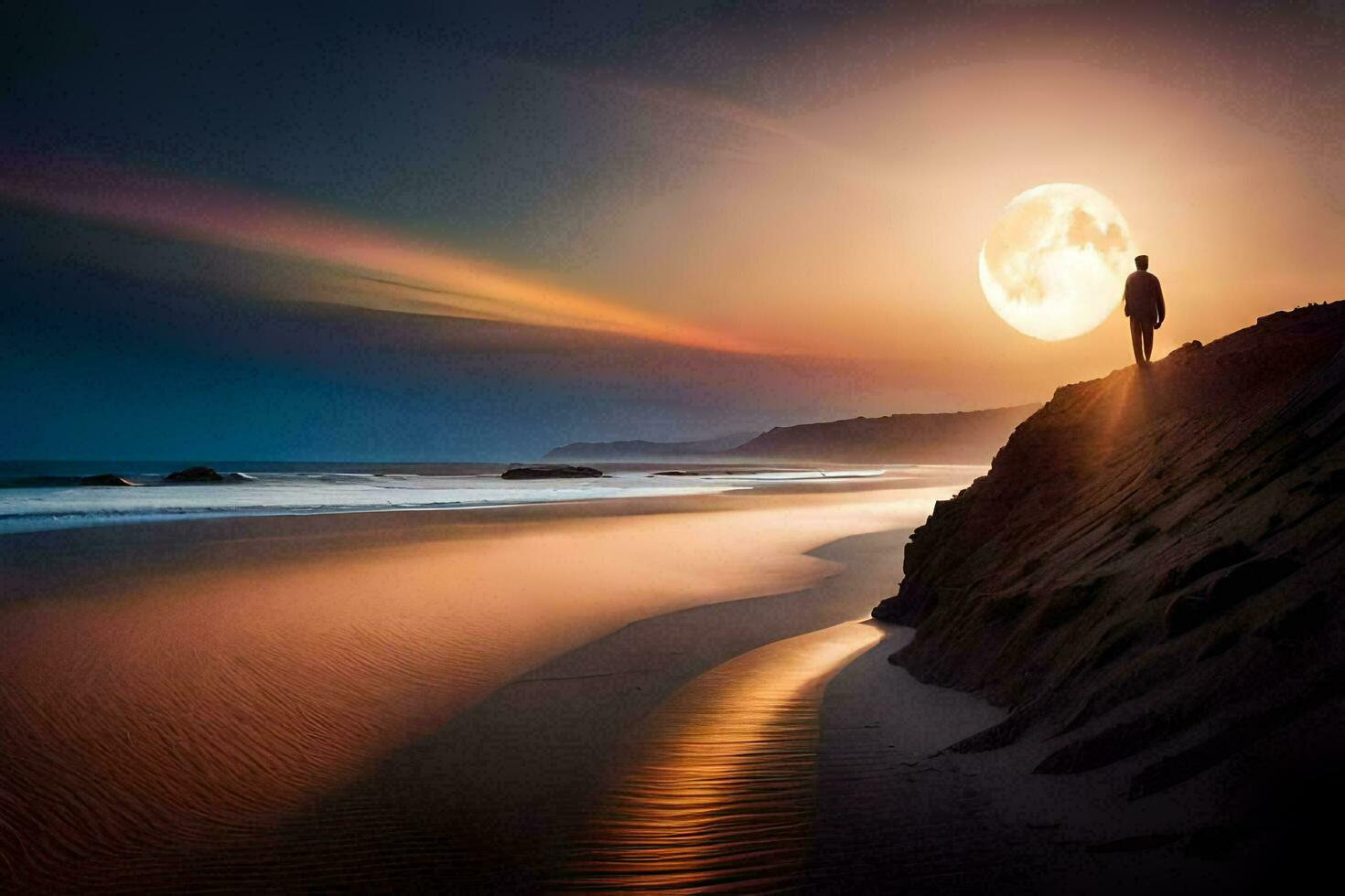 en man står på de strand ser på de full måne. ai-genererad foto