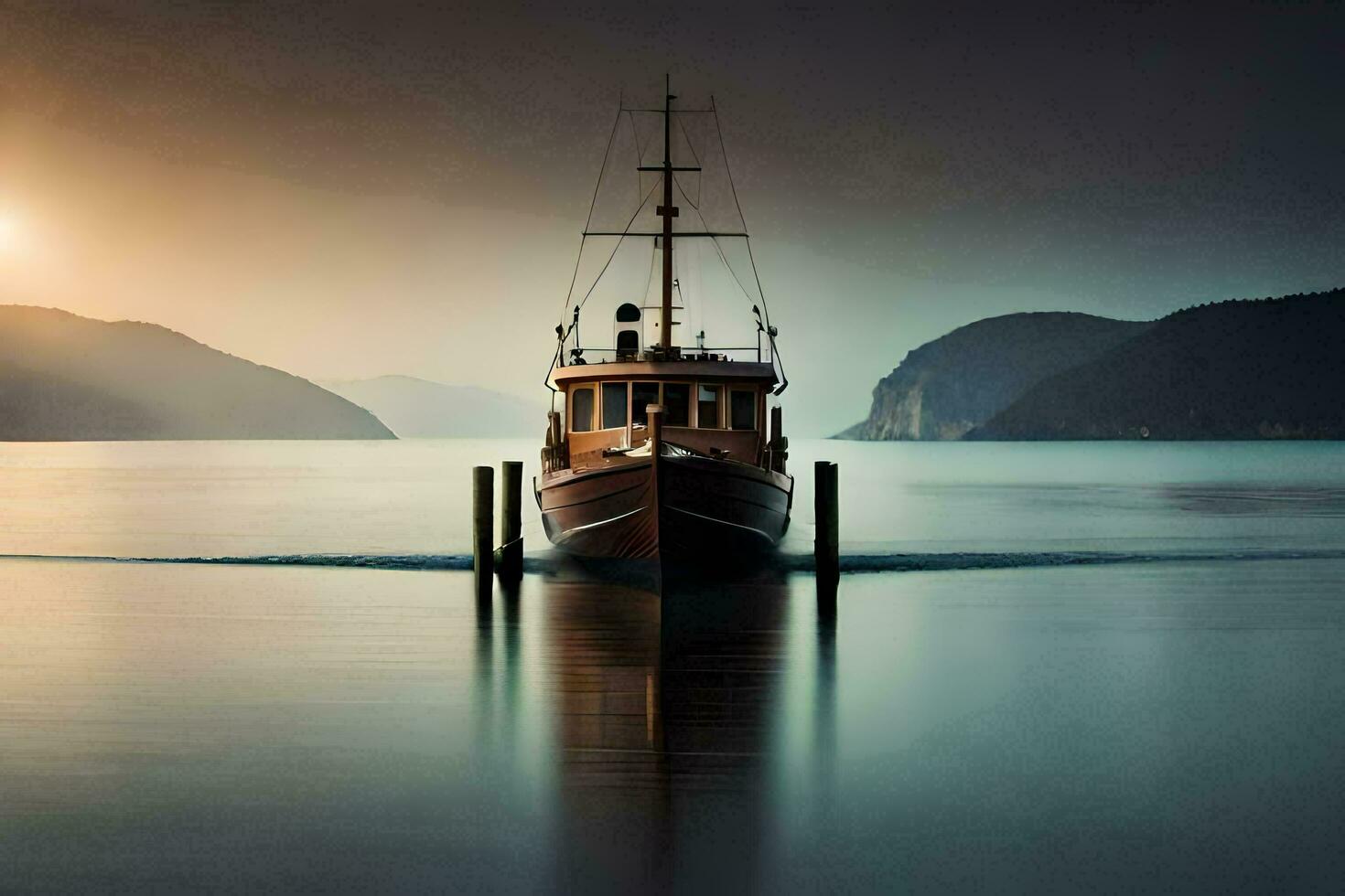 en båt är segling i de vatten på solnedgång. ai-genererad foto