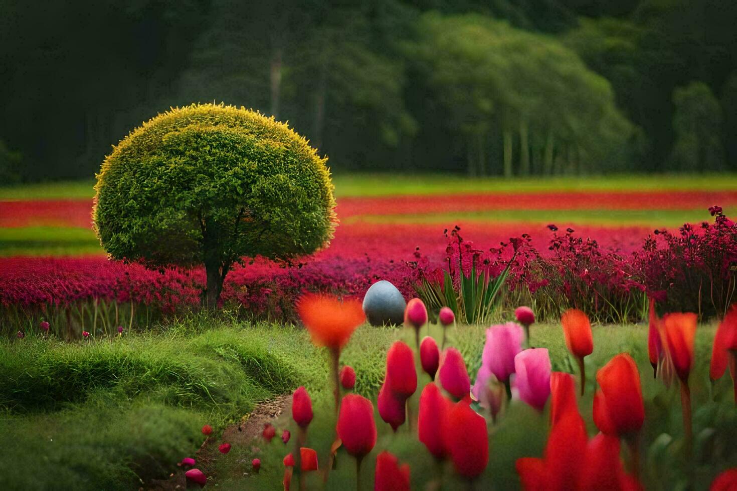 Foto tapet fält, de himmel, de träd, de blommor, de gräs, de träd,. ai-genererad