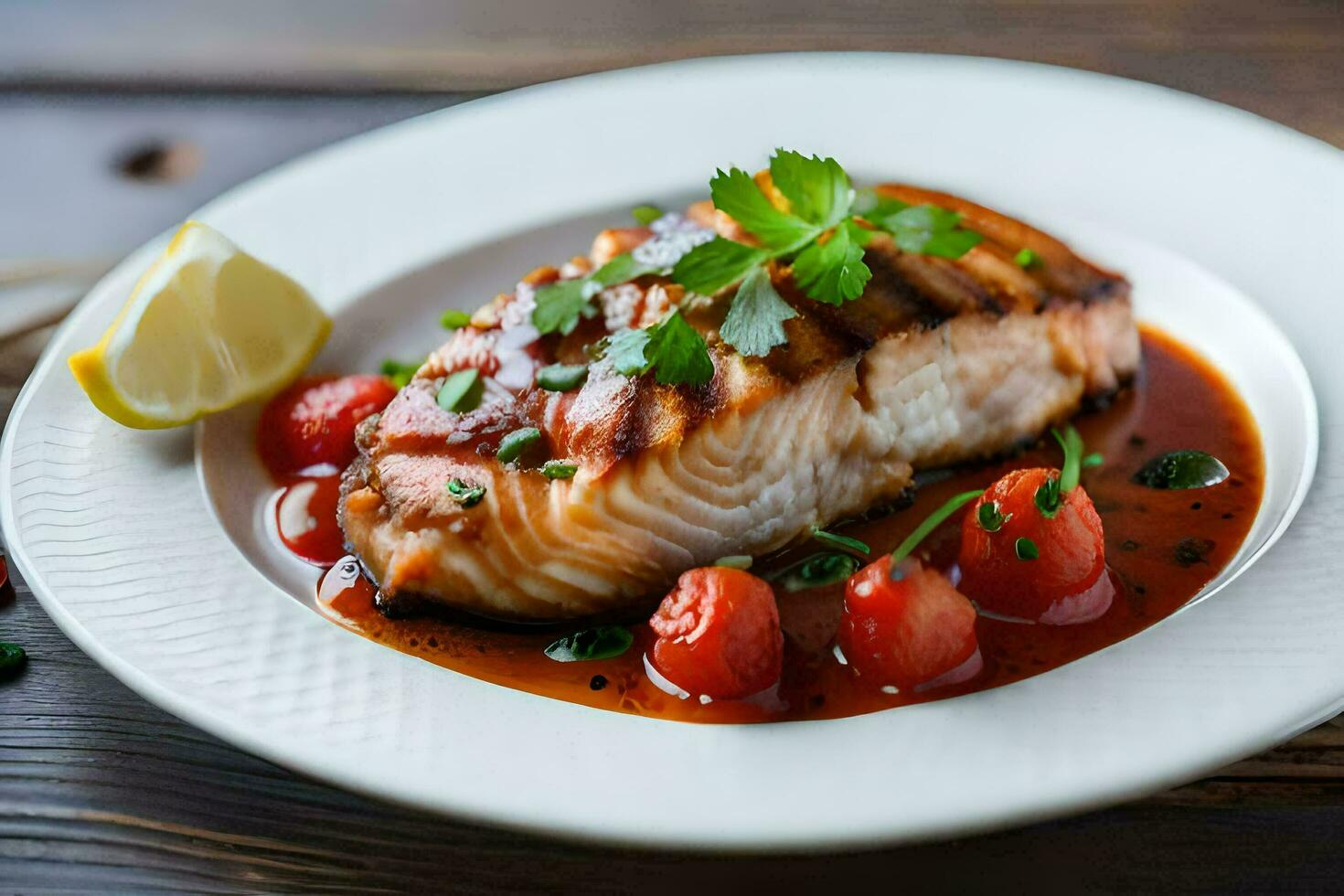 grillad lax med körsbär tomater och citron- på en vit tallrik. ai-genererad foto