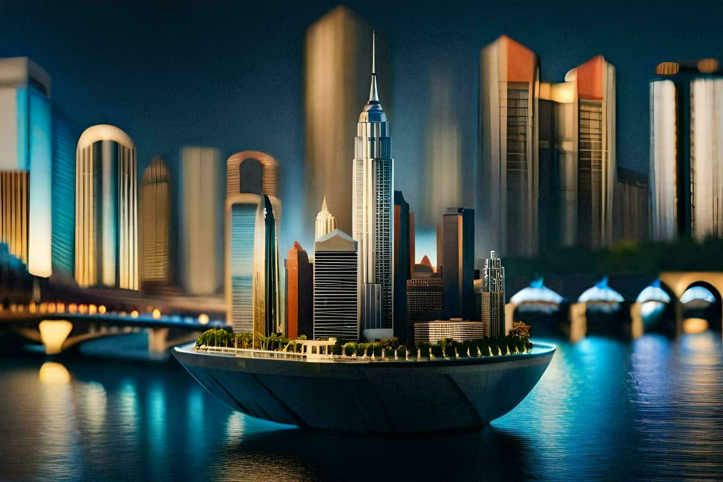 en stad i en båt med en stad horisont i de bakgrund. ai-genererad foto