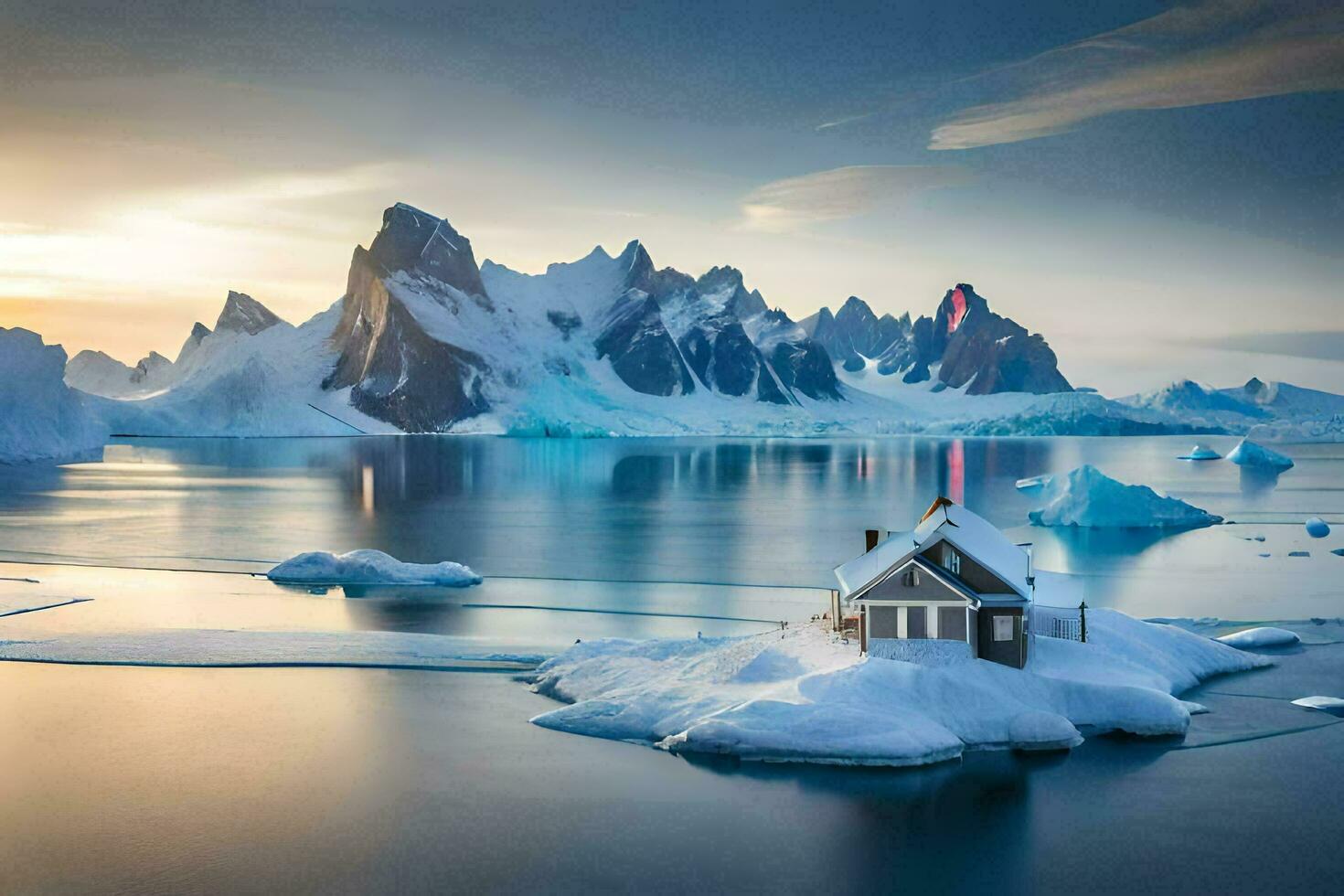 ett isberg och en hus på ett ö i de mitten av de hav. ai-genererad foto