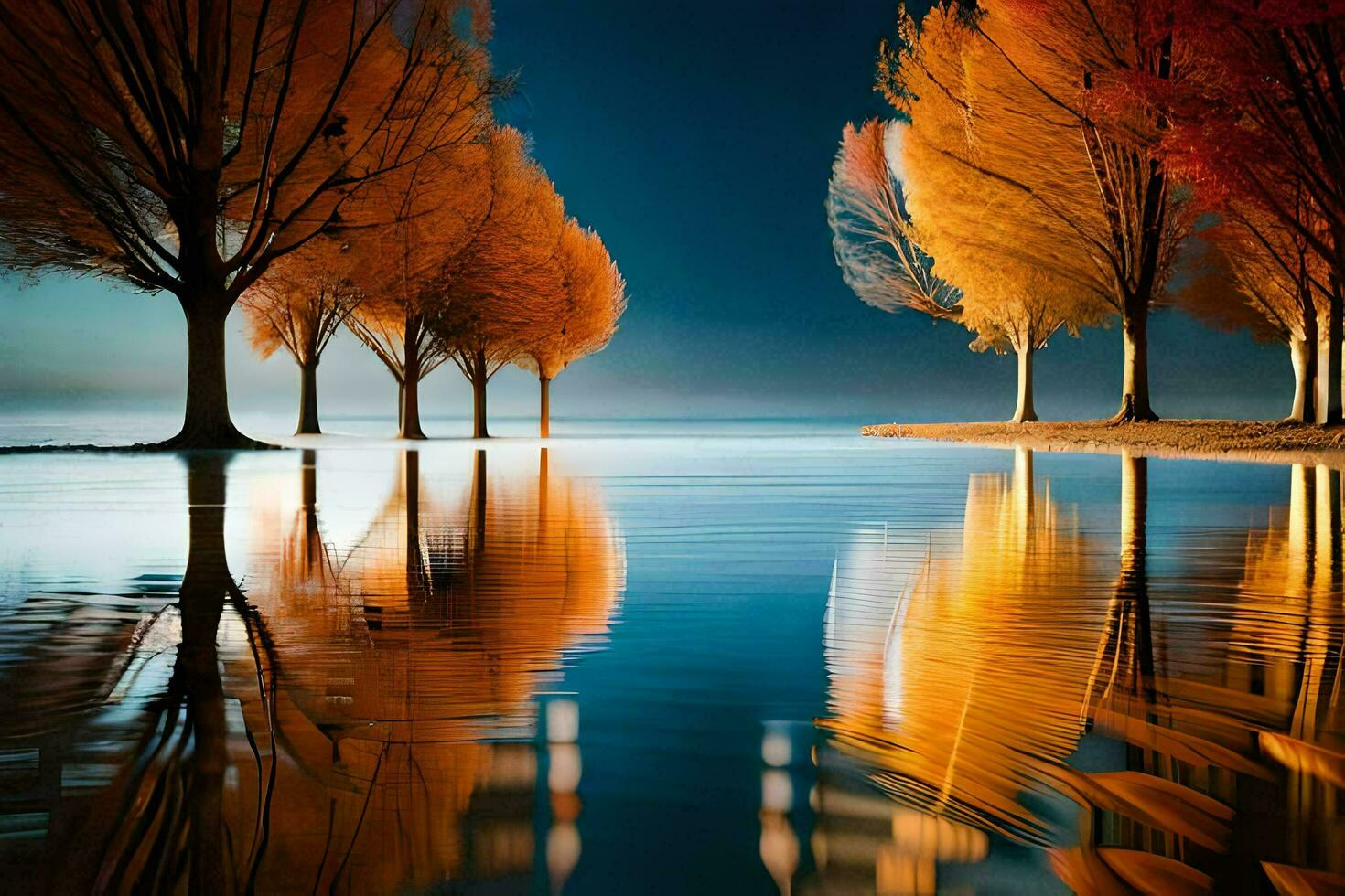 träd är reflekterad i de vatten på natt. ai-genererad foto