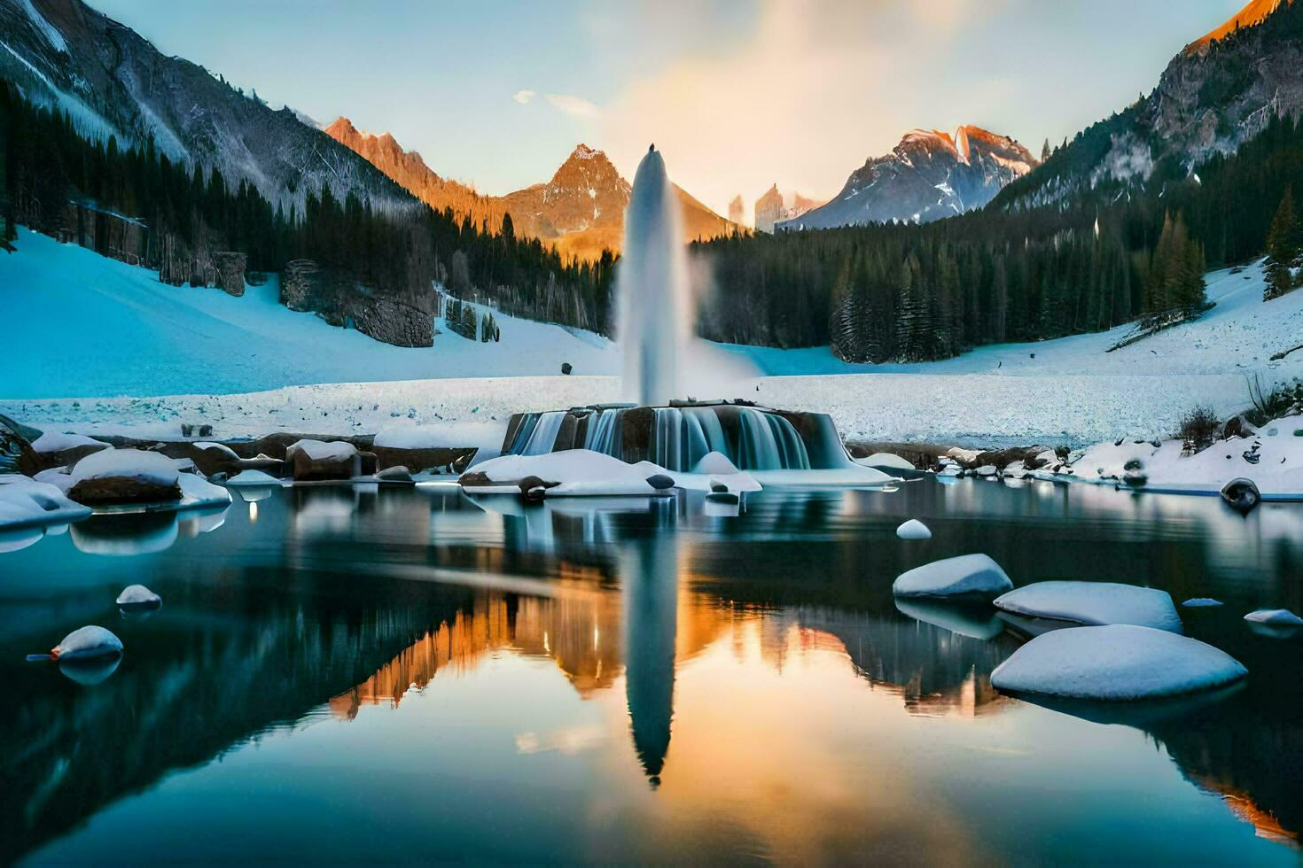 en fontän i de mitten av en sjö omgiven förbi snö. ai-genererad foto