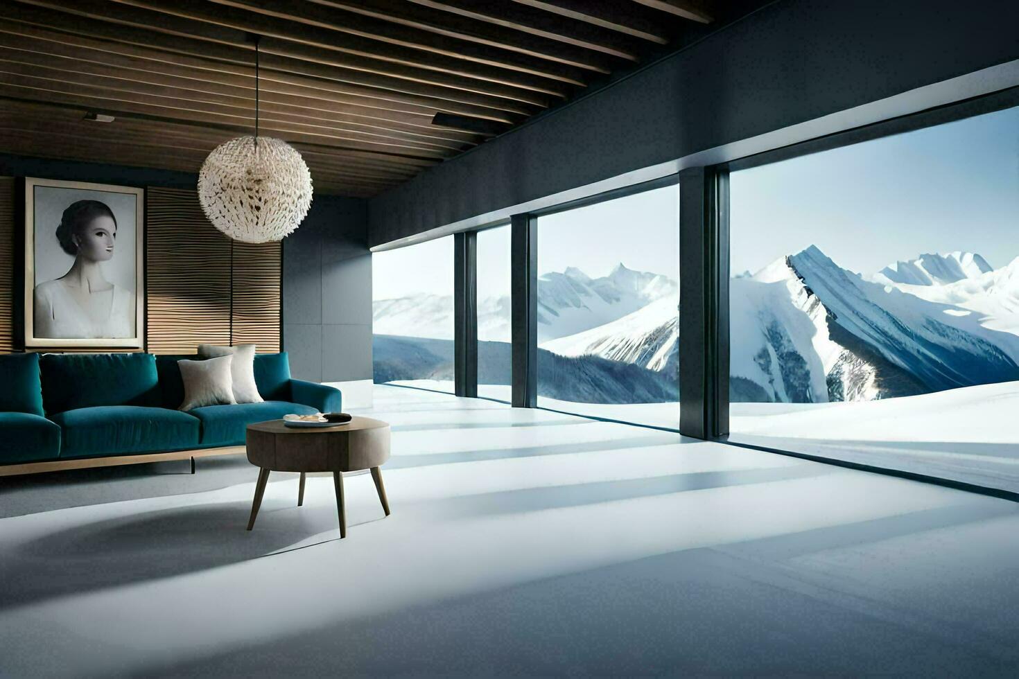 en levande rum med en se av berg. ai-genererad foto
