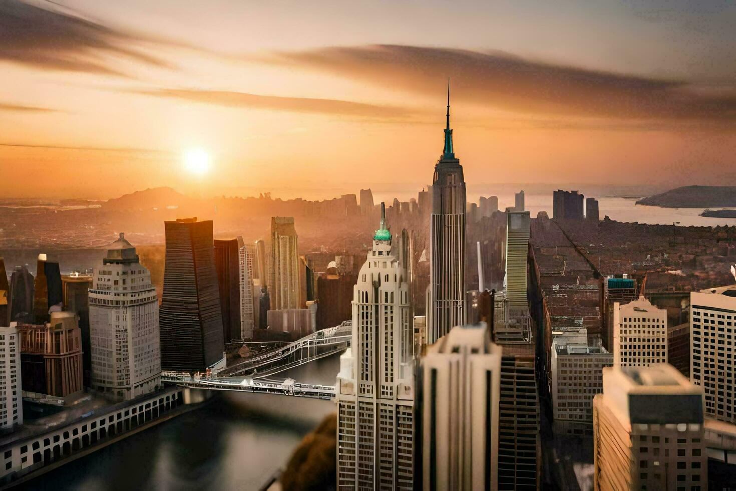 de Sol stiger över de stad horisont i ny york. ai-genererad foto