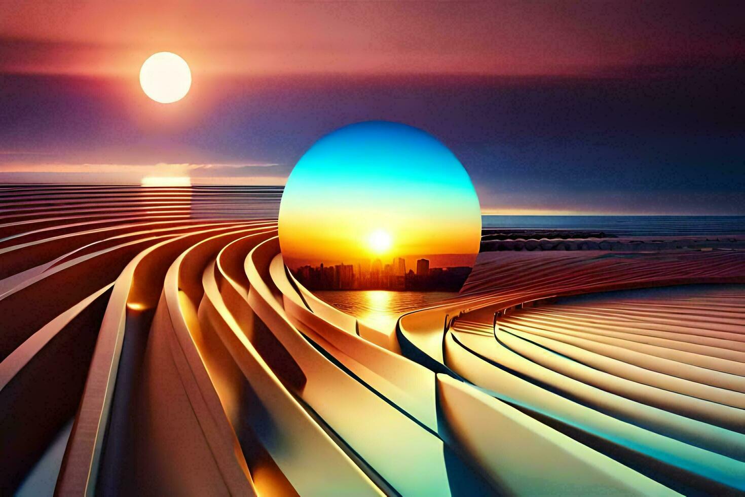 en solnedgång med en stor sfär i de mitten av en böjd väg. ai-genererad foto