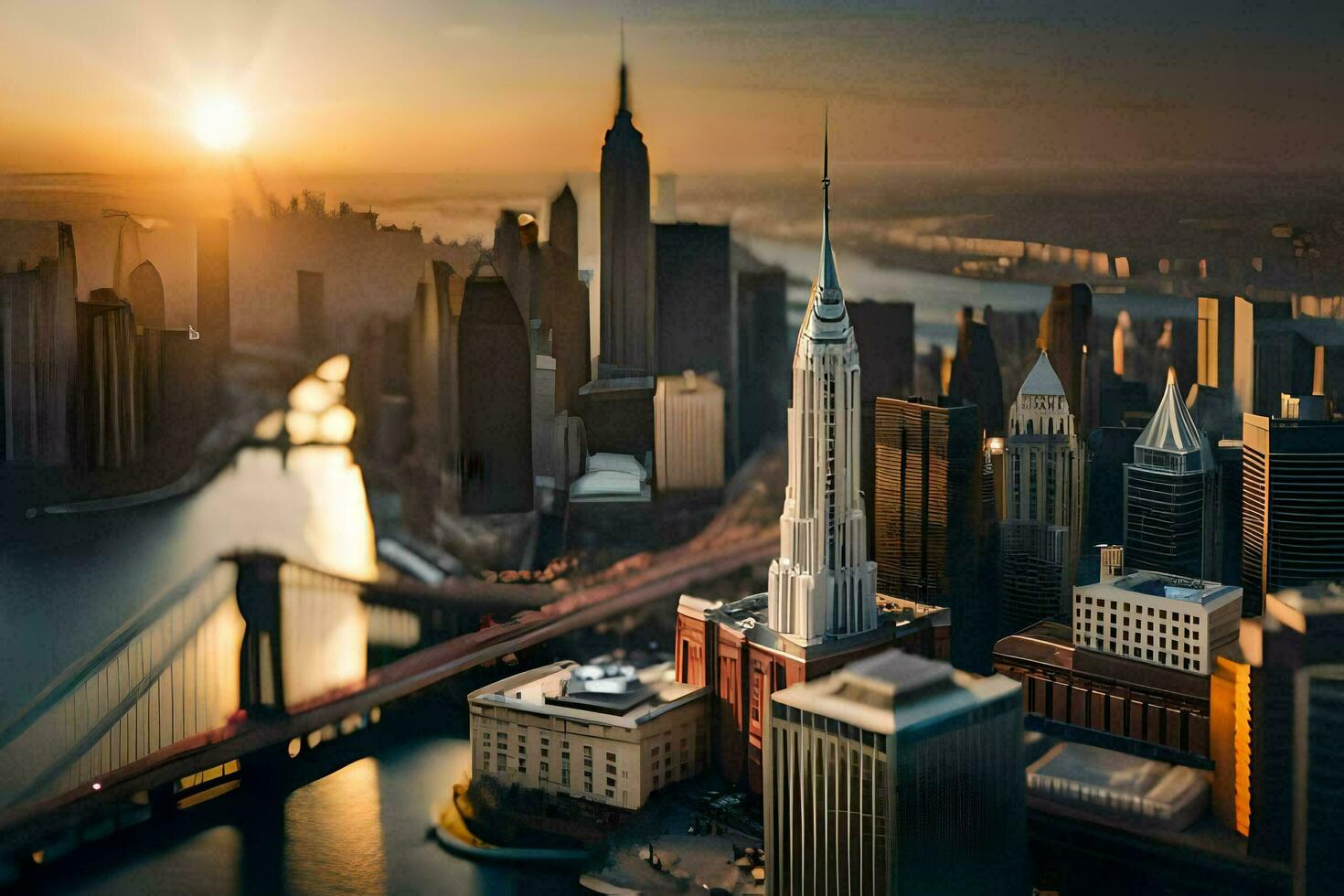 de Sol stiger över de stad horisont i ny york. ai-genererad foto