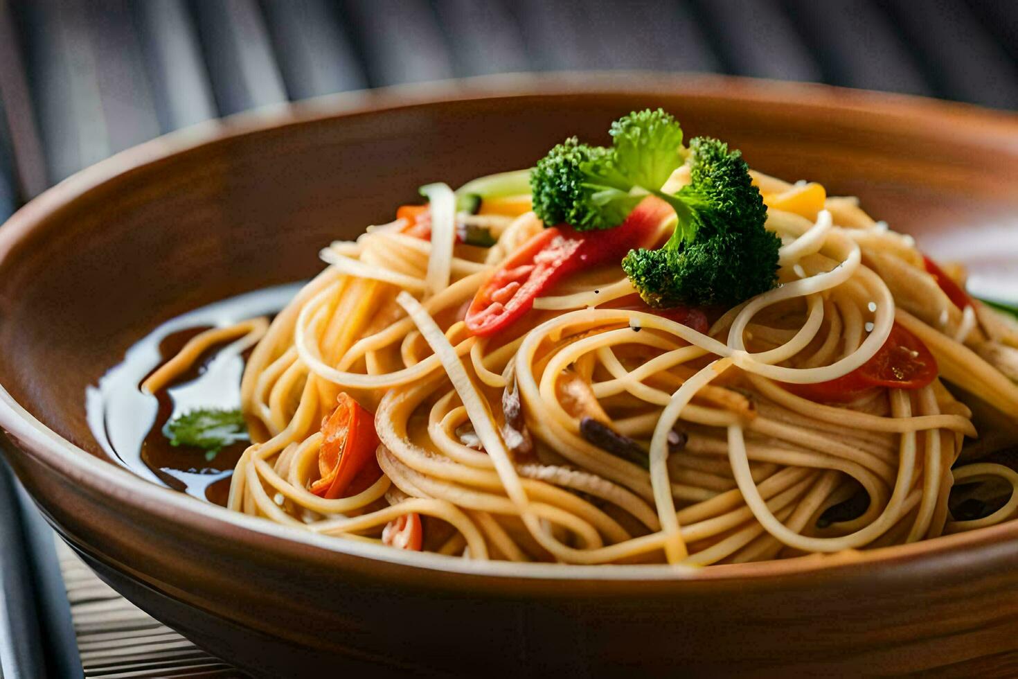 en skål av spaghetti med grönsaker och broccoli. ai-genererad foto