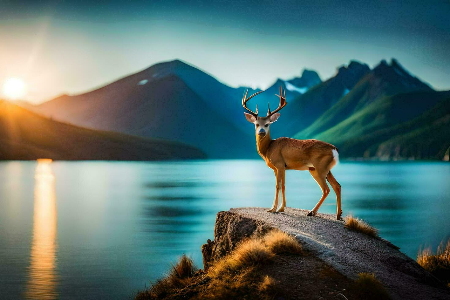 en rådjur står på en sten utsikt en sjö och berg. ai-genererad foto