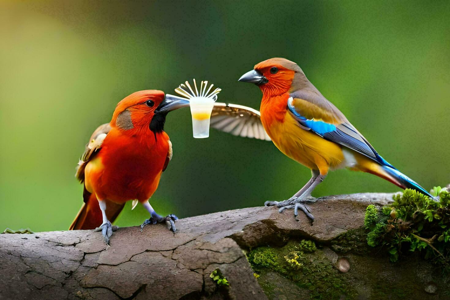 två fåglar är stående på en gren med en sugrör i deras näbbar. ai-genererad foto
