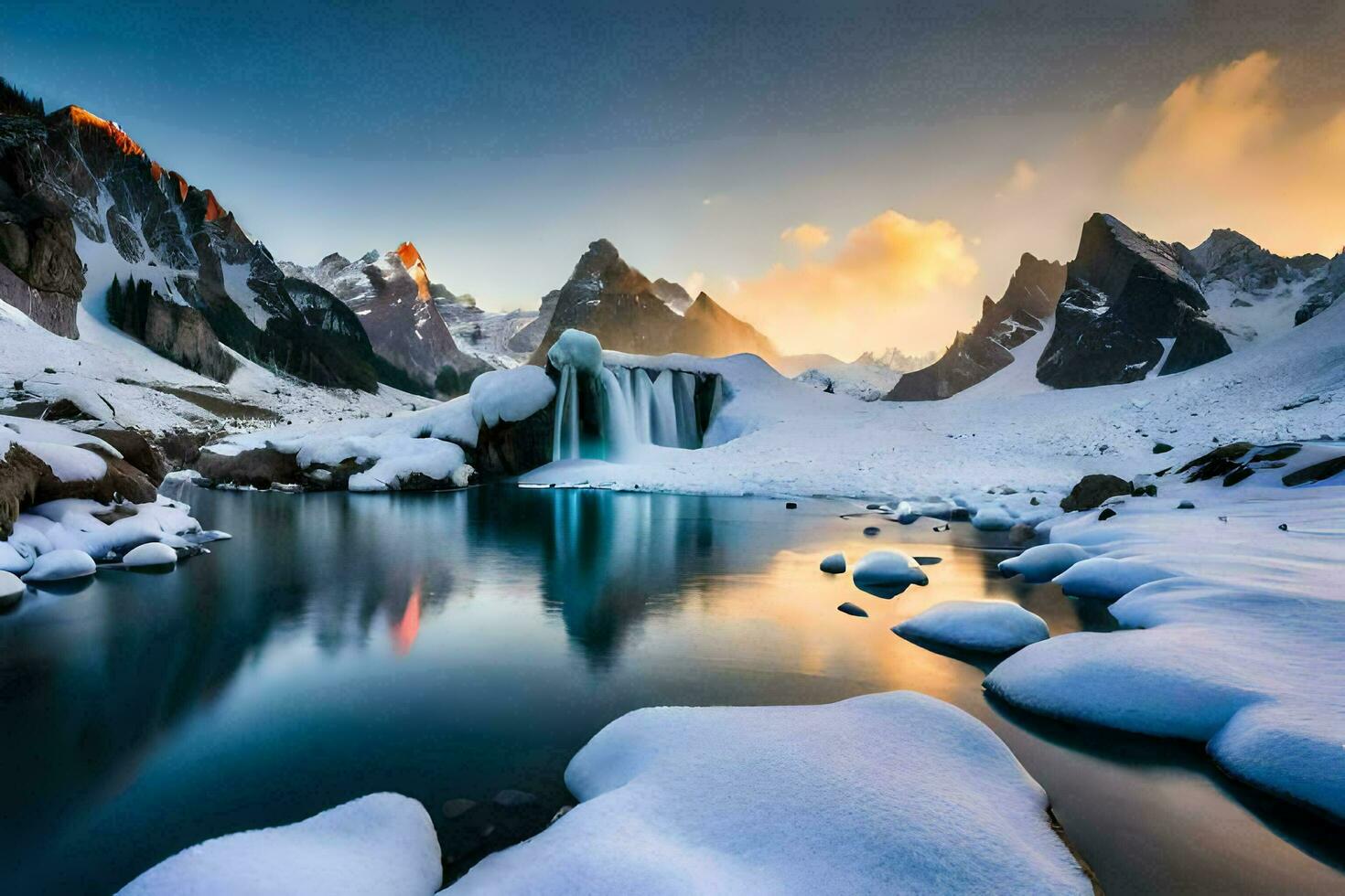 en skön berg landskap med snö täckt stenar och vatten. ai-genererad foto