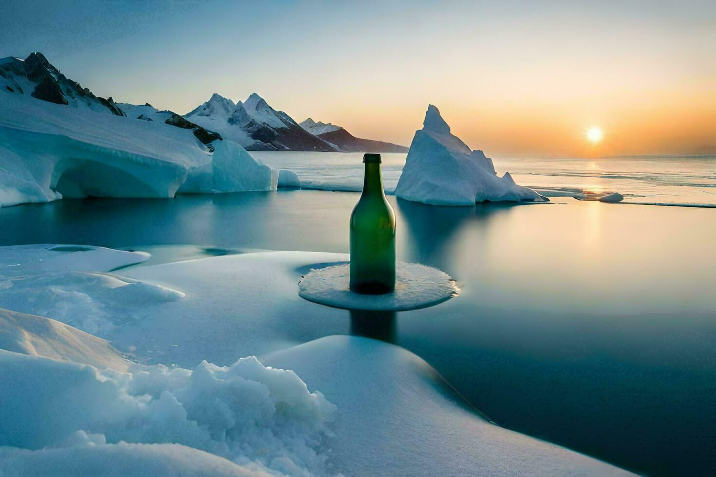 en flaska av vin sitter på de is i främre av en solnedgång. ai-genererad foto