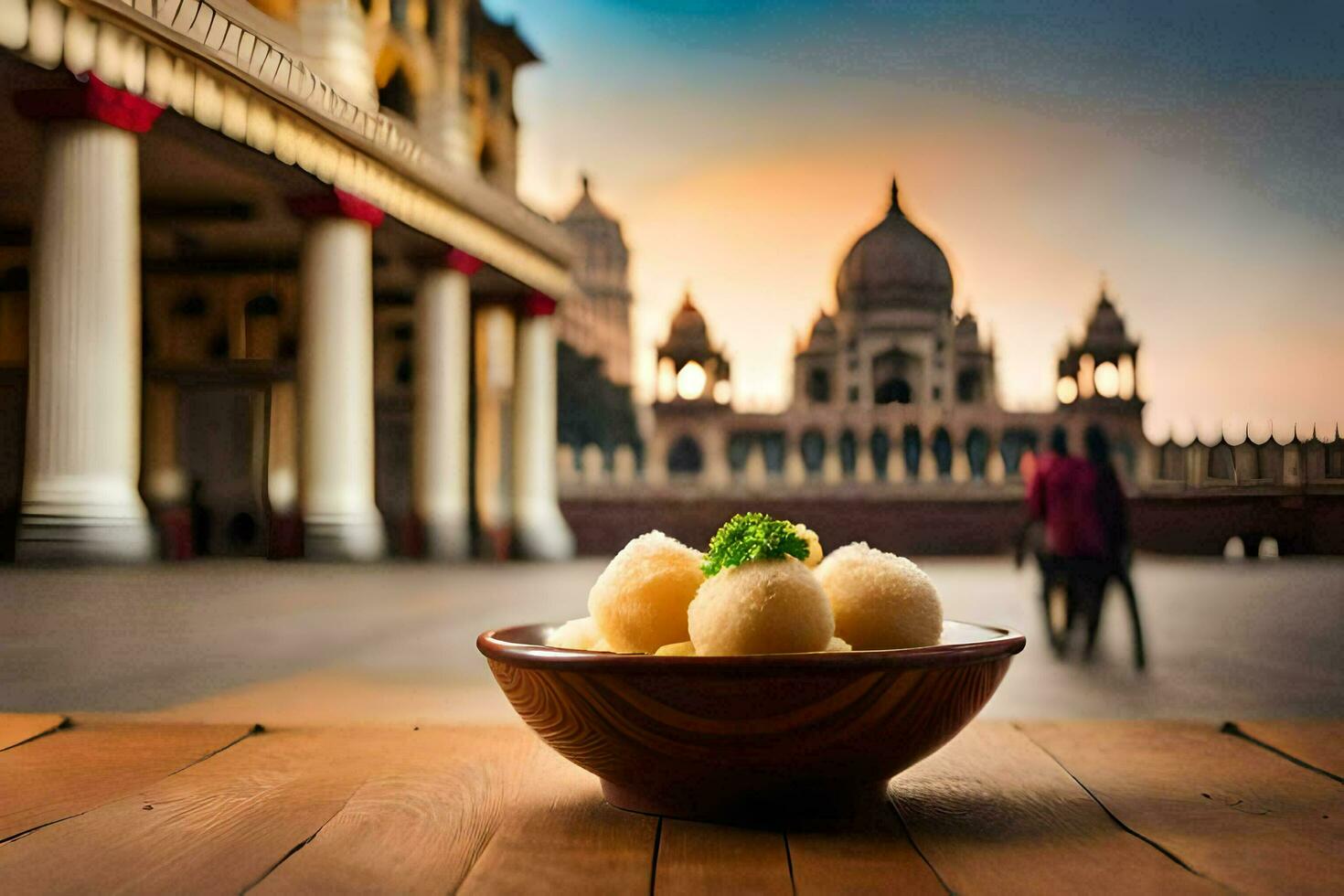 en skål av dal med en se av de palats, Kolkata, Indien,. ai-genererad foto