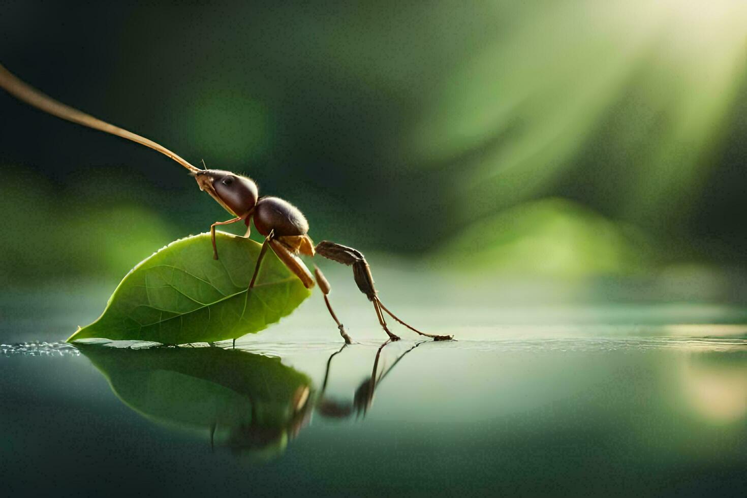 en små myra är stående på en blad. ai-genererad foto