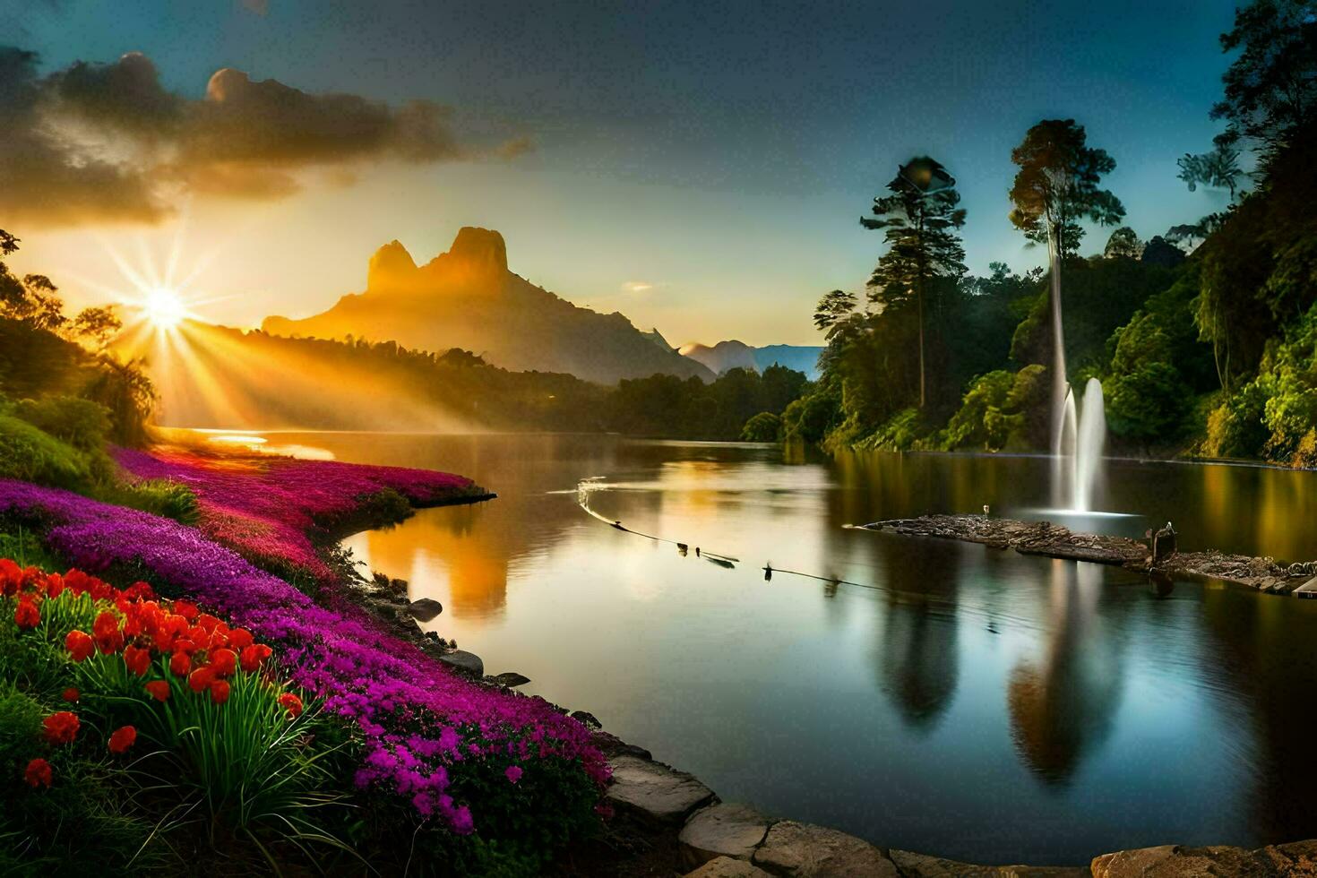 de Sol stiger över en sjö och blommor i de förgrund. ai-genererad foto