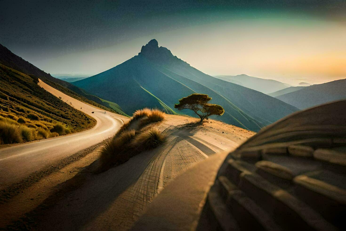 en ensam träd står på de sida av en berg väg. ai-genererad foto