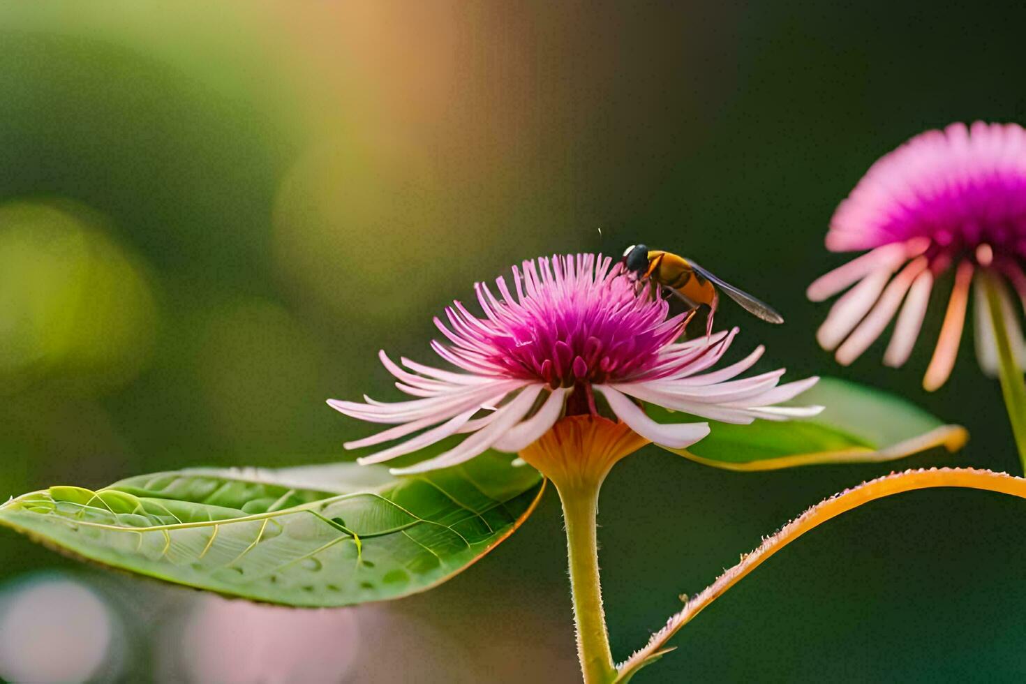 två rosa blommor med en bi på topp. ai-genererad foto
