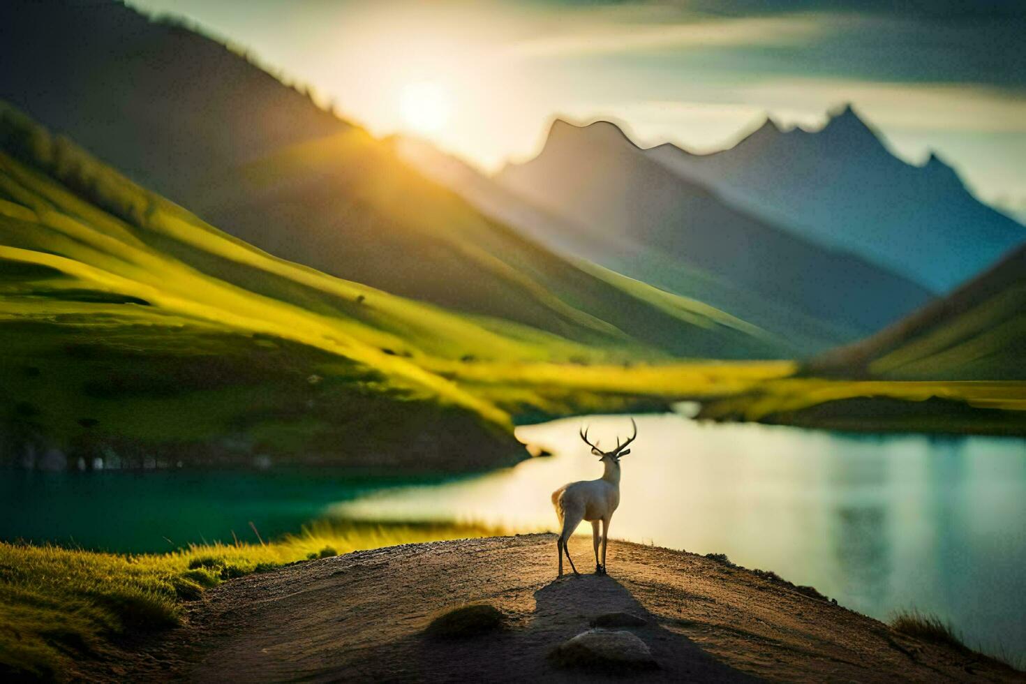 en rådjur står på de kant av en sjö i de berg. ai-genererad foto