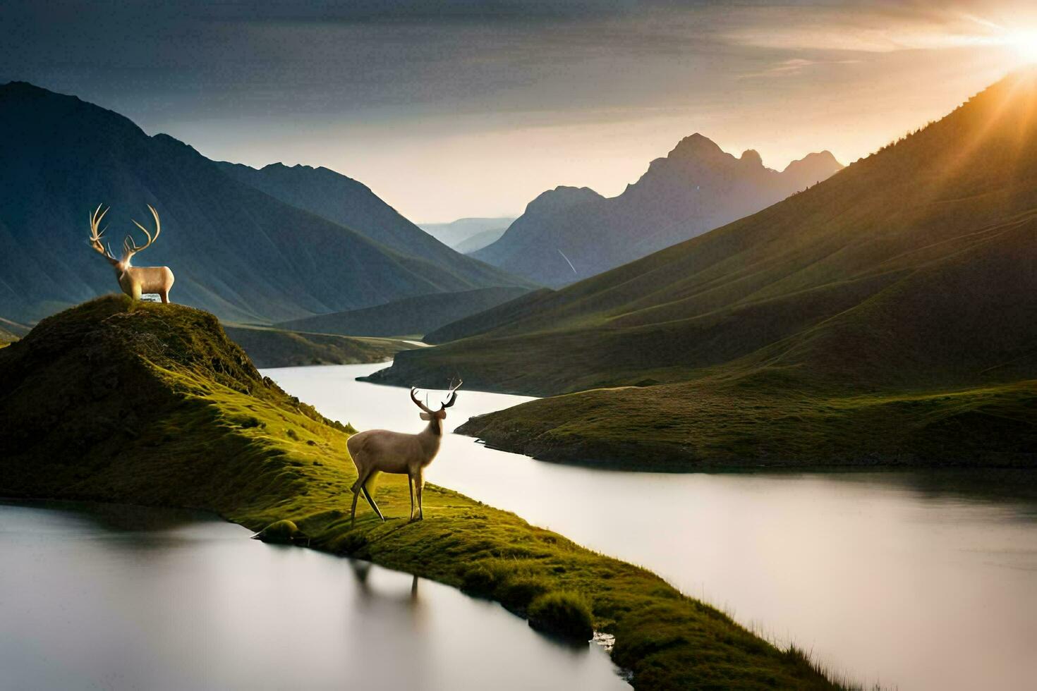 två rådjur stå på en kulle utsikt en flod. ai-genererad foto