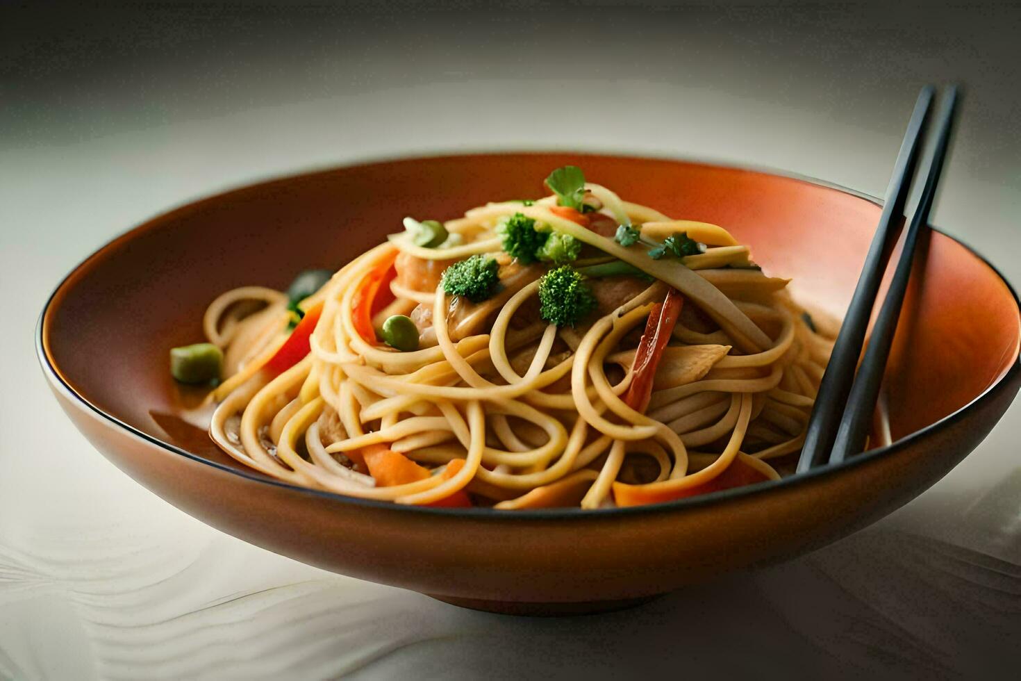 en skål av spaghetti med ätpinnar och grönsaker. ai-genererad foto