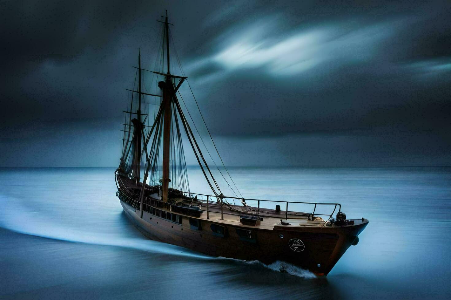 en båt i de hav på natt. ai-genererad foto