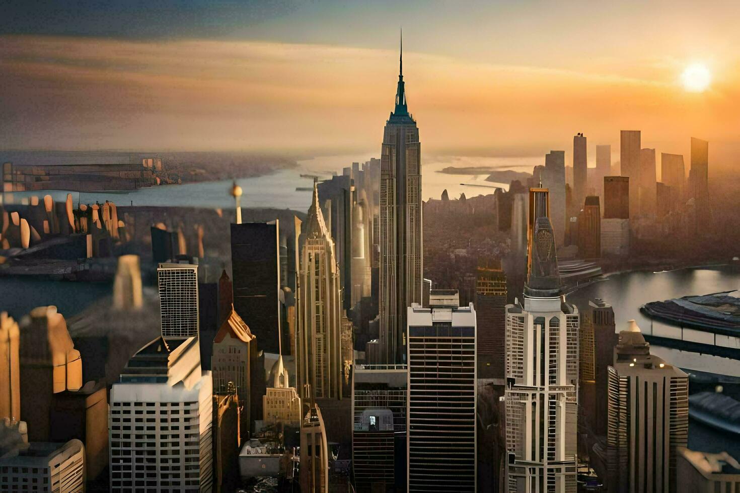 de Sol stiger över ny york stad horisont. ai-genererad foto