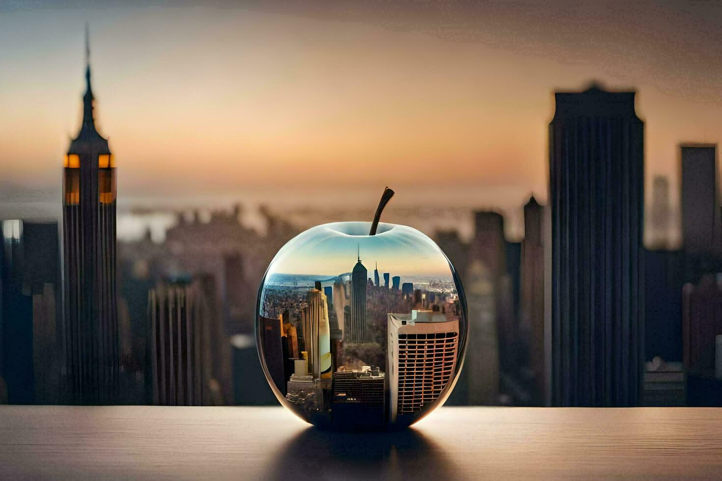 ett äpple med en stadsbild i Det. ai-genererad foto