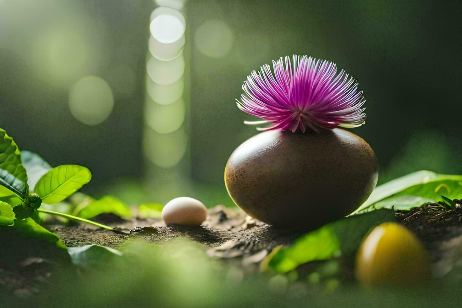 en blomma och ett ägg i en trä- skål. ai-genererad foto