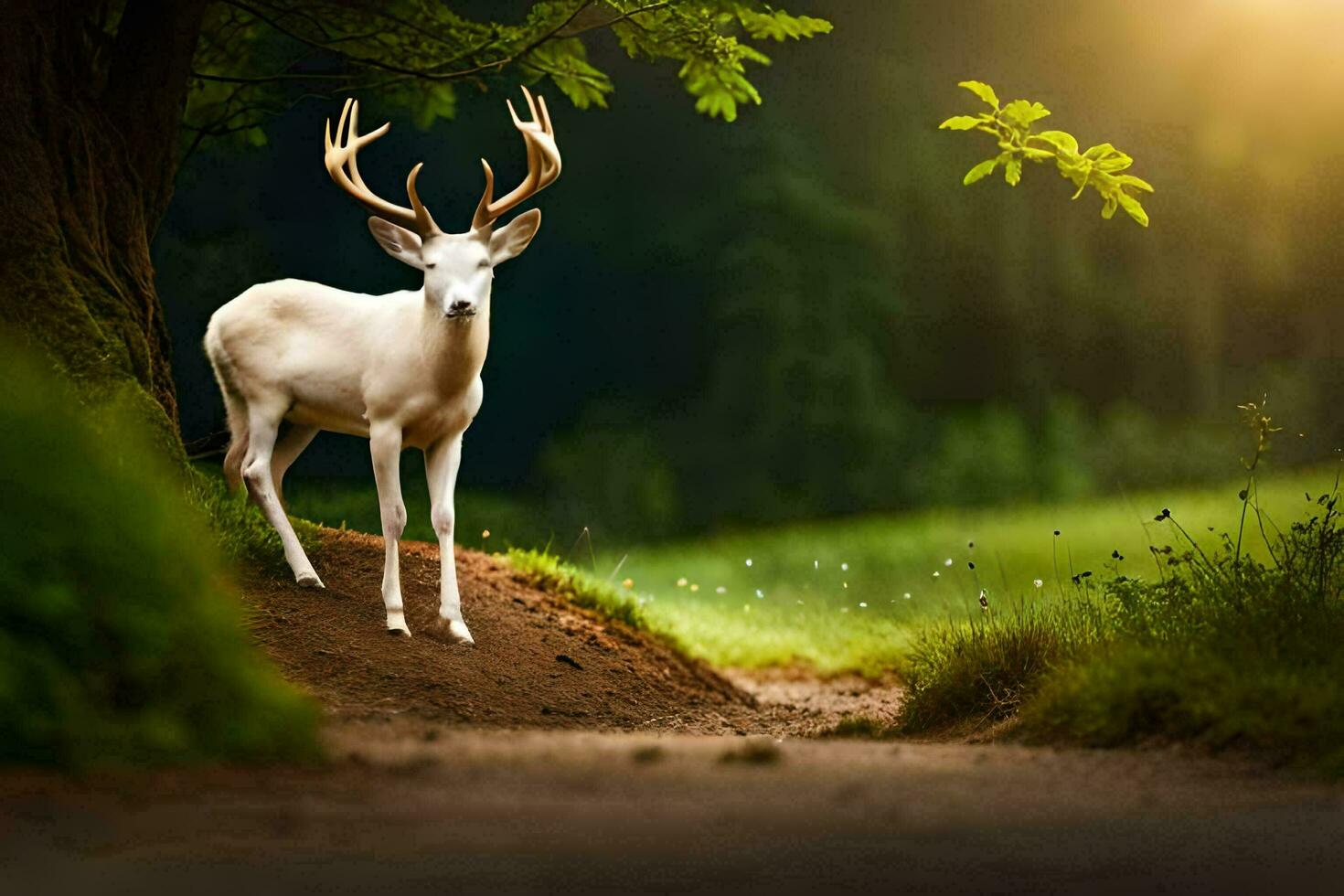 en vit rådjur står i de mitten av en skog. ai-genererad foto