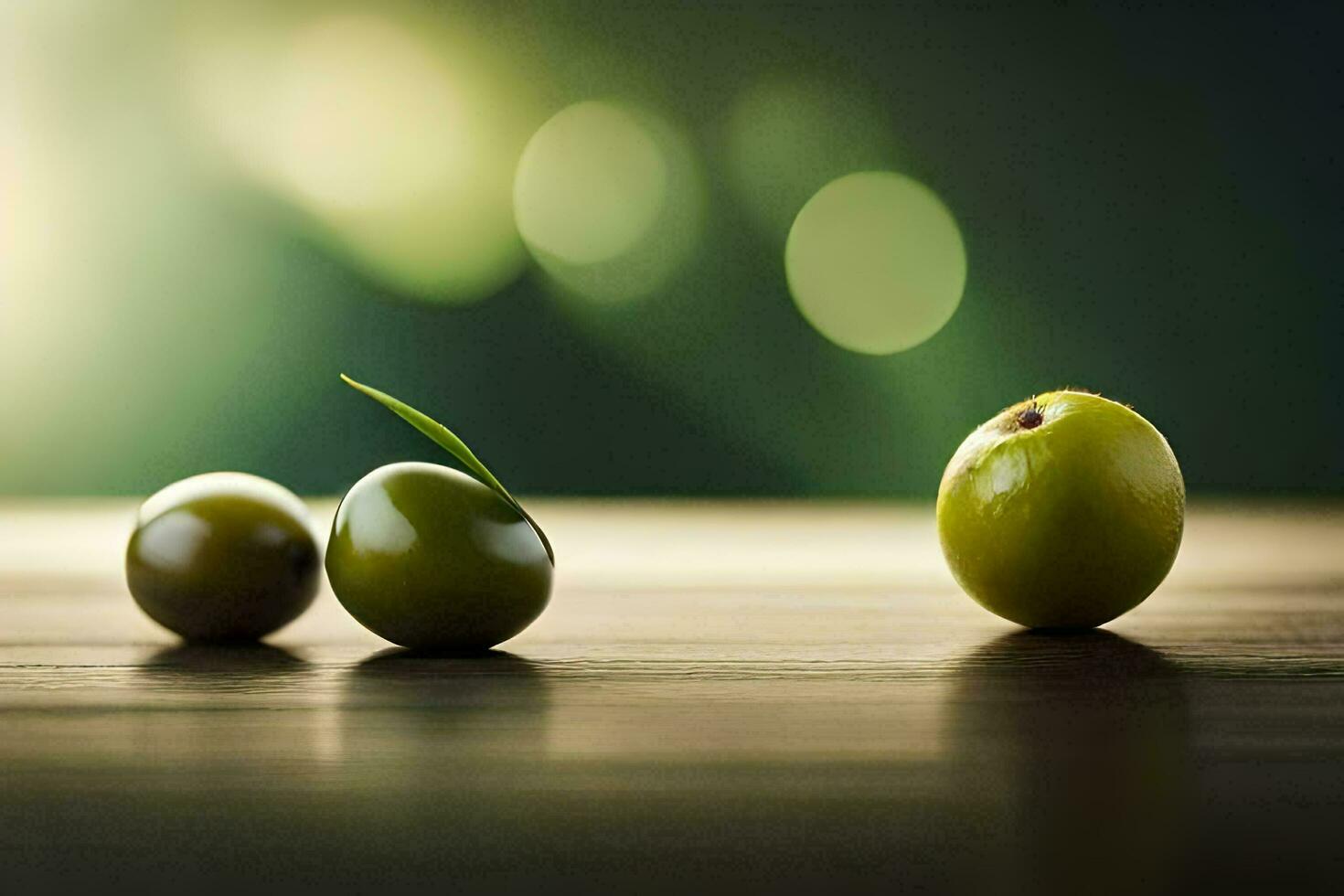 två grön oliver på en trä- tabell. ai-genererad foto