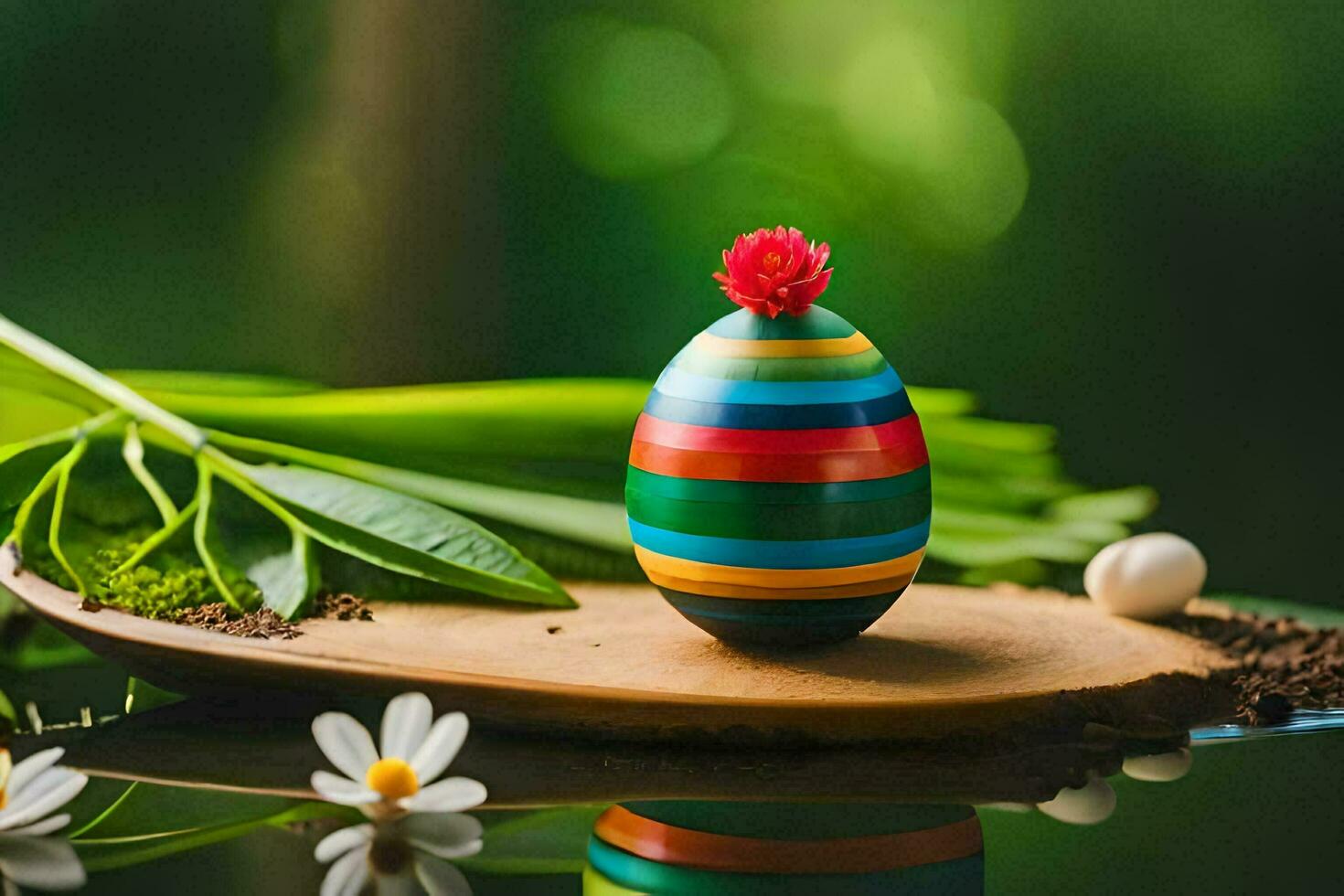 en färgrik ägg sitter på en trä- styrelse med blommor och löv. ai-genererad foto
