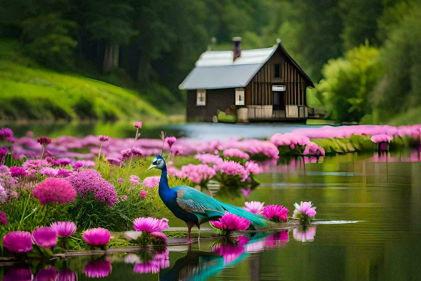 skön påfågel i de vatten, blommor, hus, natur, tapet, hd tapet. ai-genererad foto