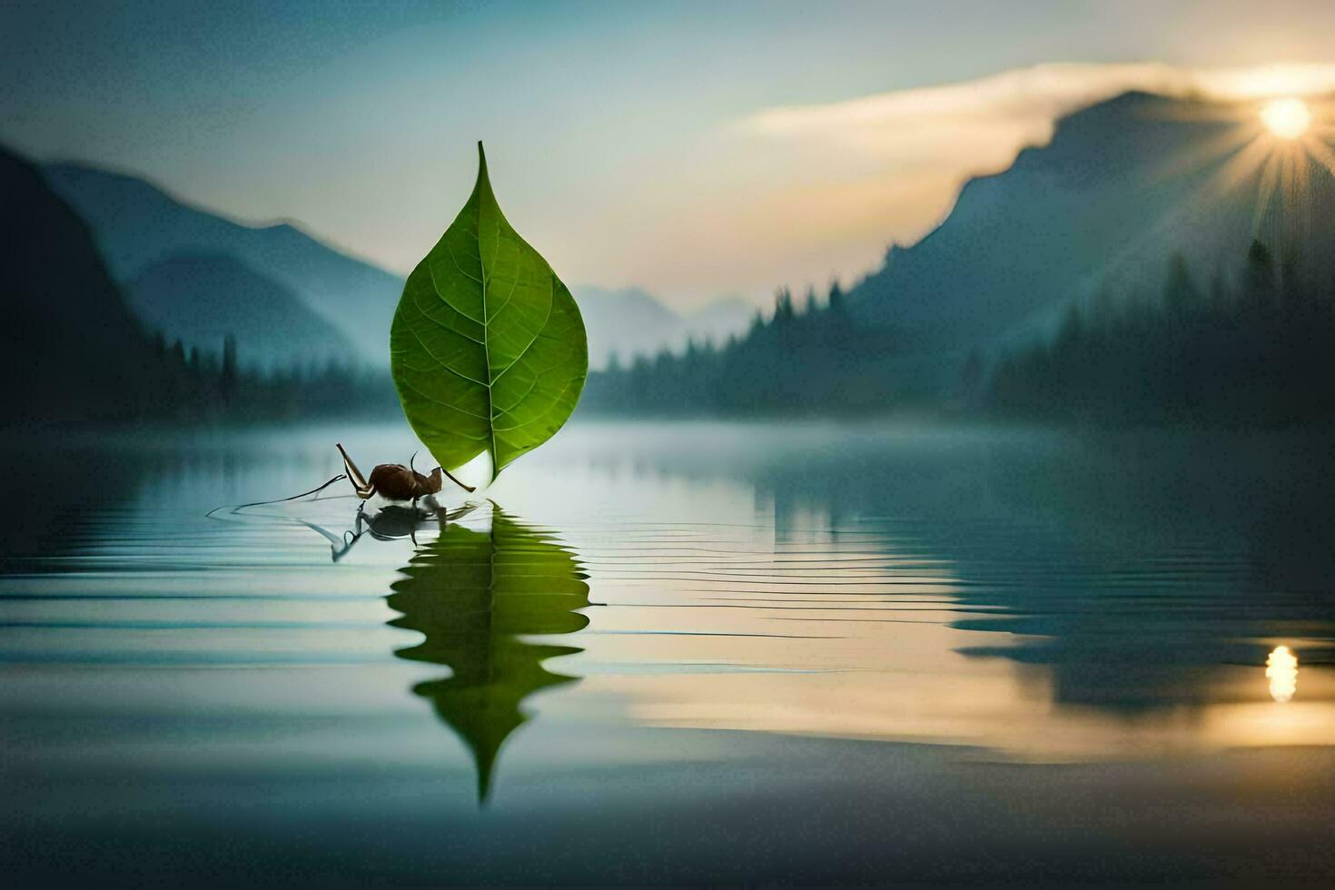 en blad är Sammanträde på de vatten med en insekt på Det. ai-genererad foto