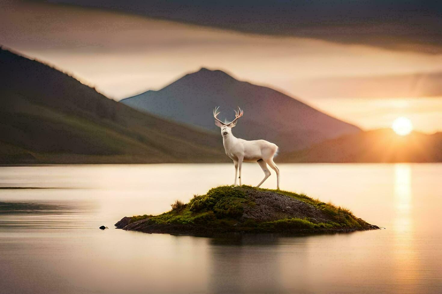 en rådjur står på en sten i de mitten av en sjö på solnedgång. ai-genererad foto