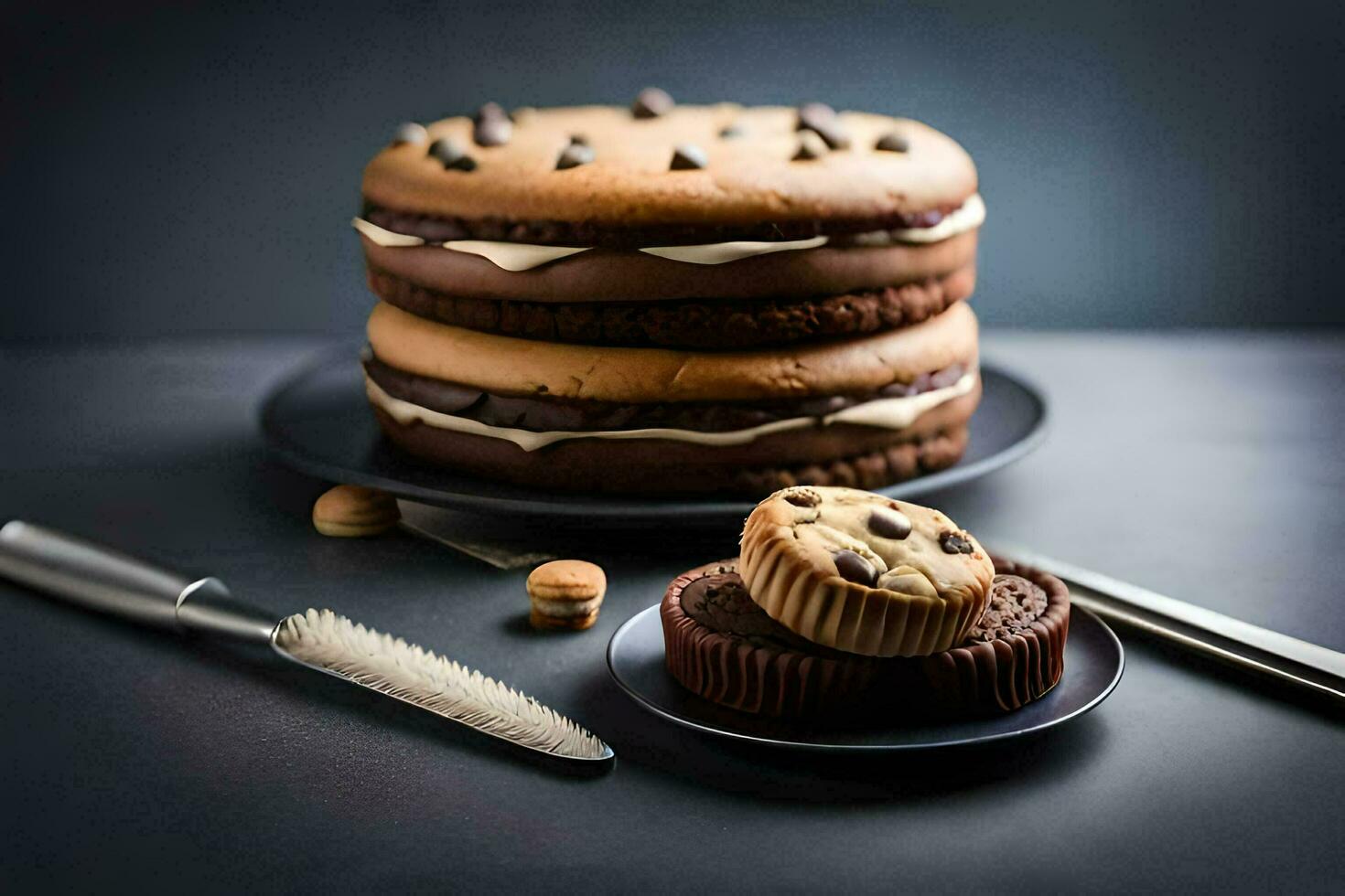 en choklad kaka med småkakor och en kniv. ai-genererad foto