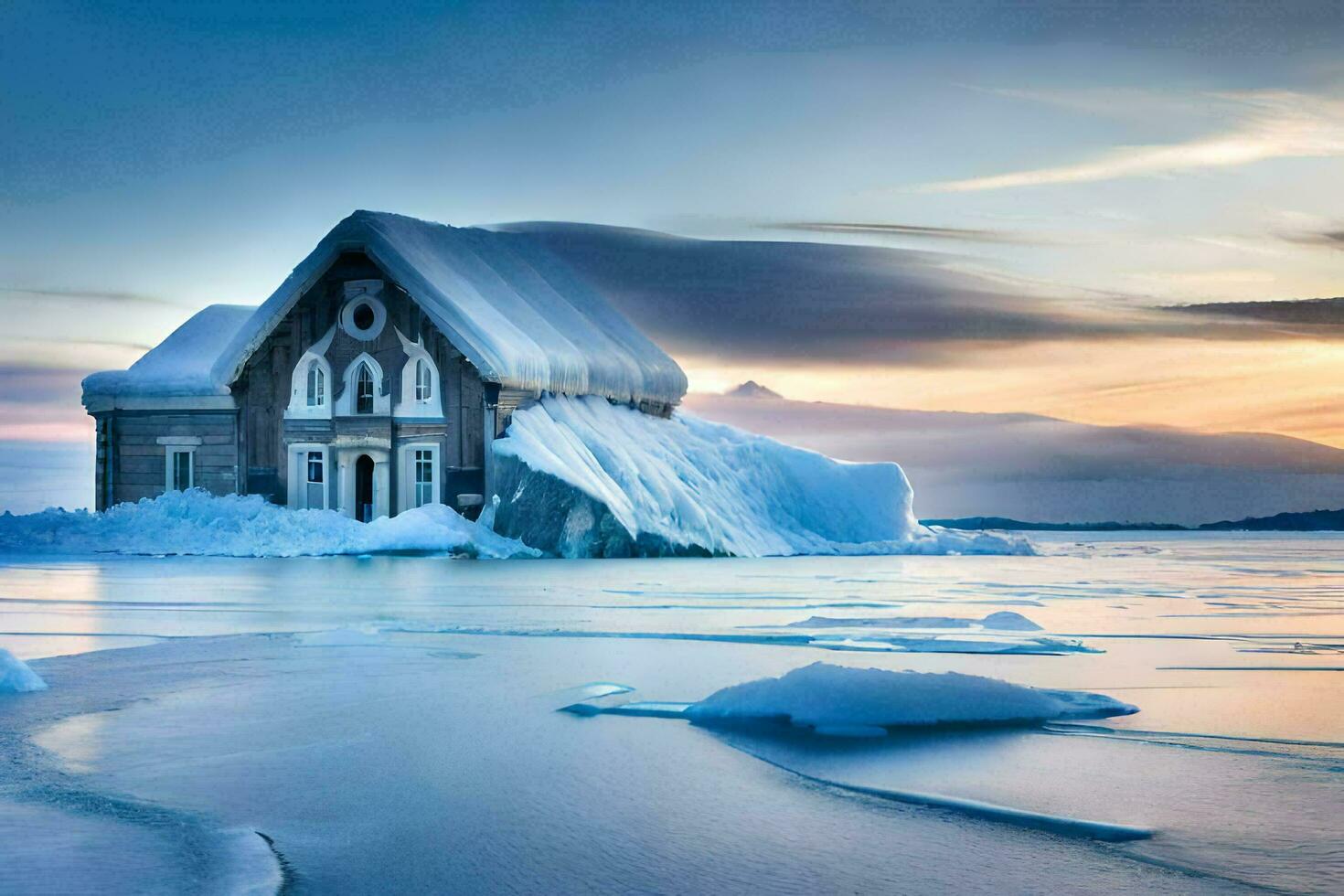 en hus på is i de mitten av de hav. ai-genererad foto
