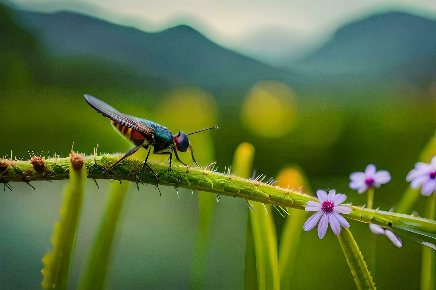 en insekt på en växt med lila blommor. ai-genererad foto