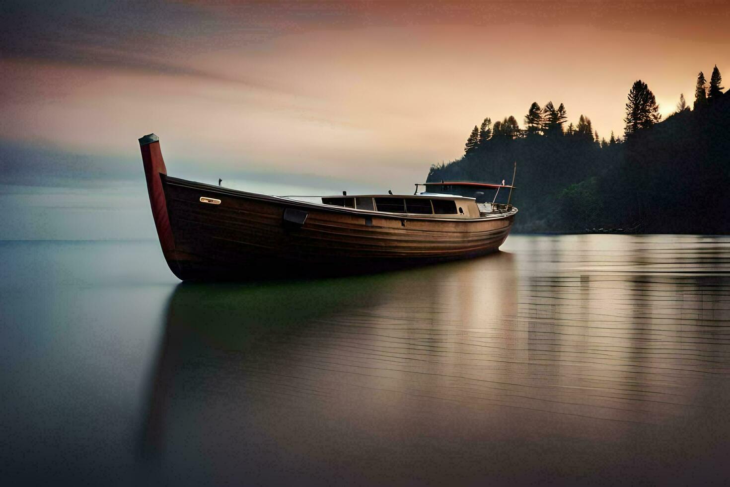 en båt sitter på de vatten på solnedgång. ai-genererad foto
