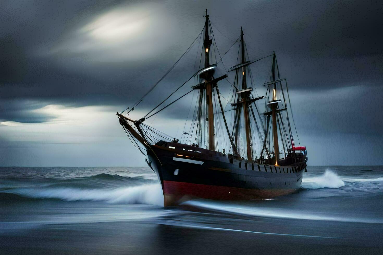 en segling fartyg i de hav under stormig himmel. ai-genererad foto