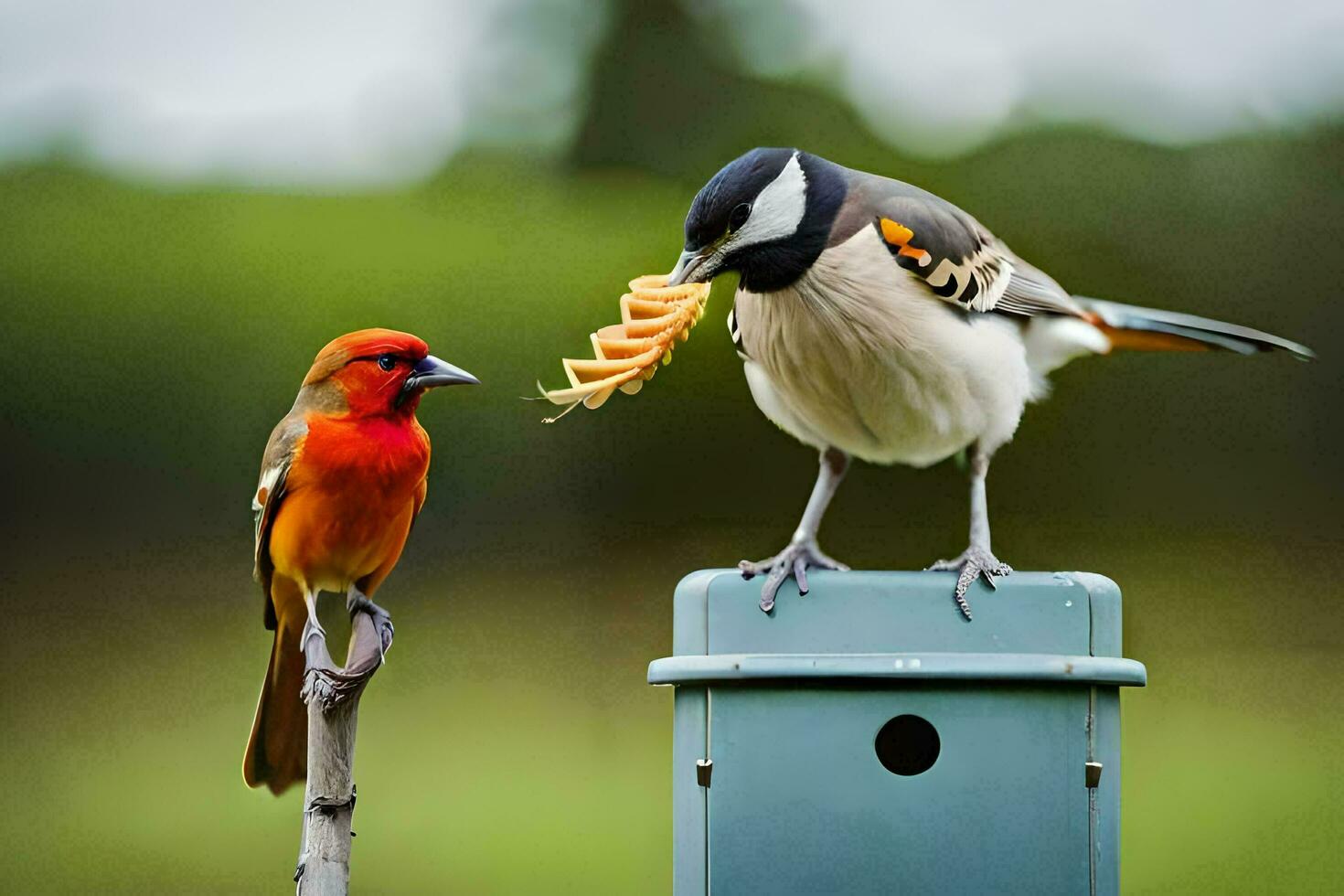en fågel äter från en fågel matare. ai-genererad foto