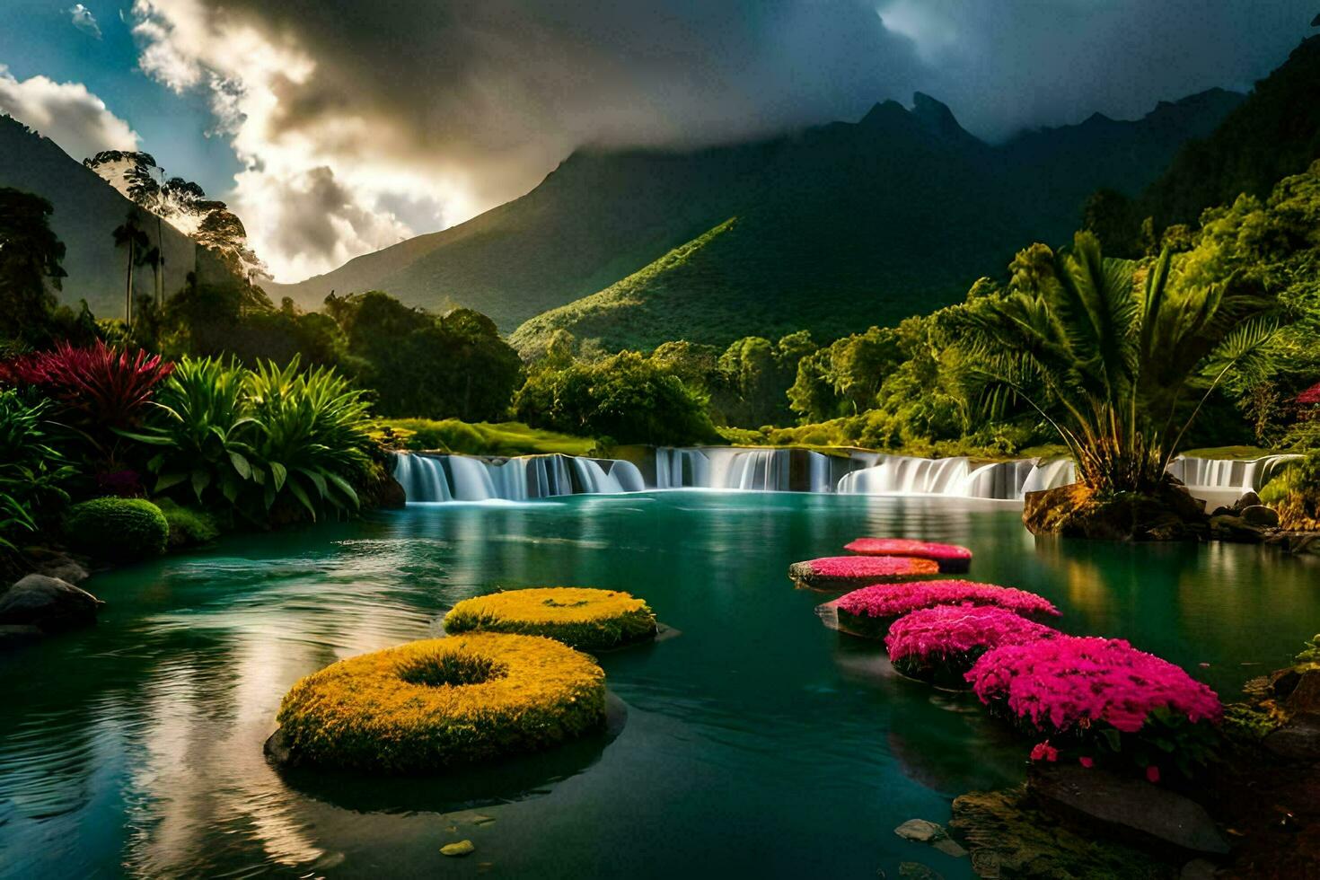 de vattenfall är omgiven förbi blommor och träd. ai-genererad foto