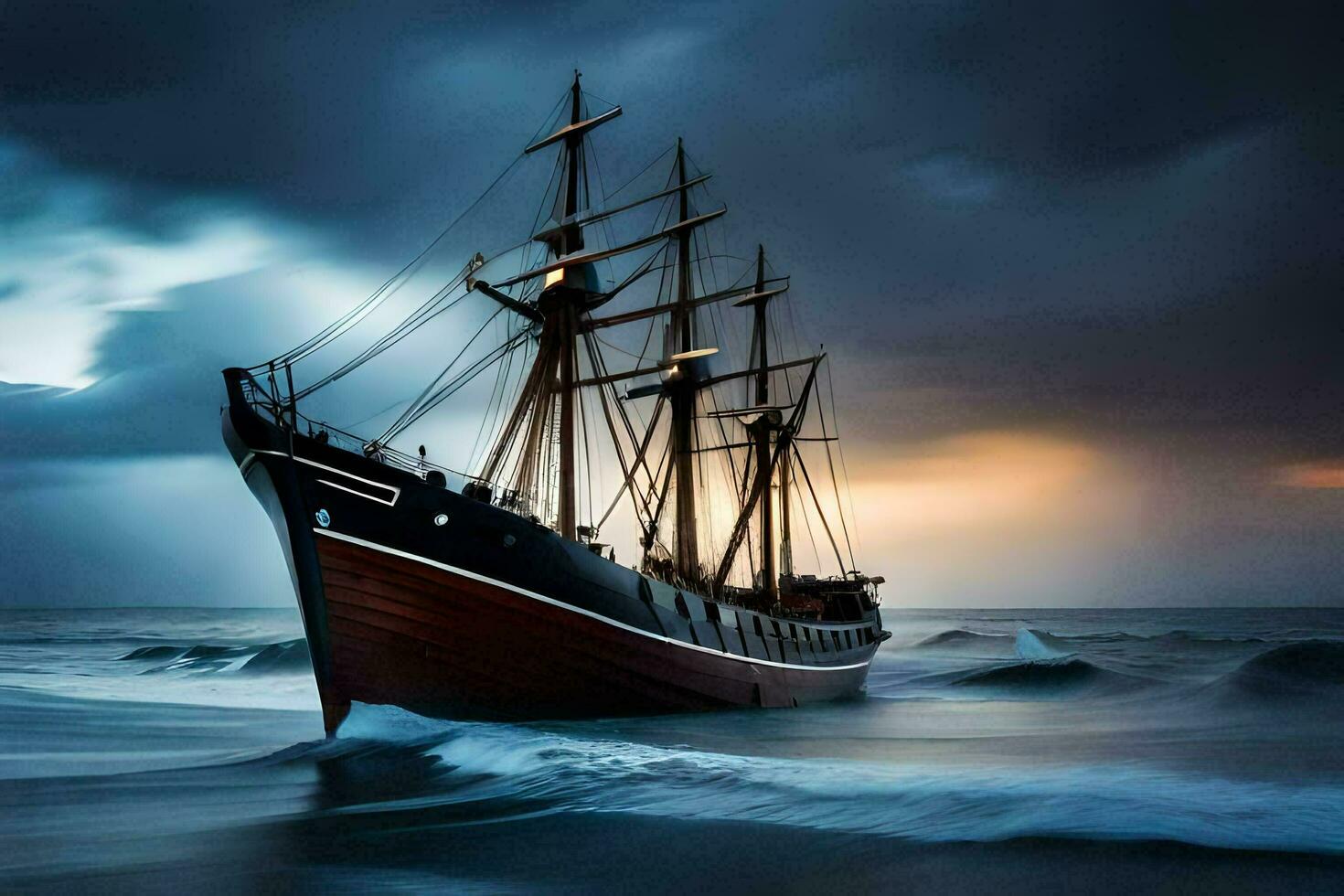 en segling fartyg i de hav under stormig himmel. ai-genererad foto