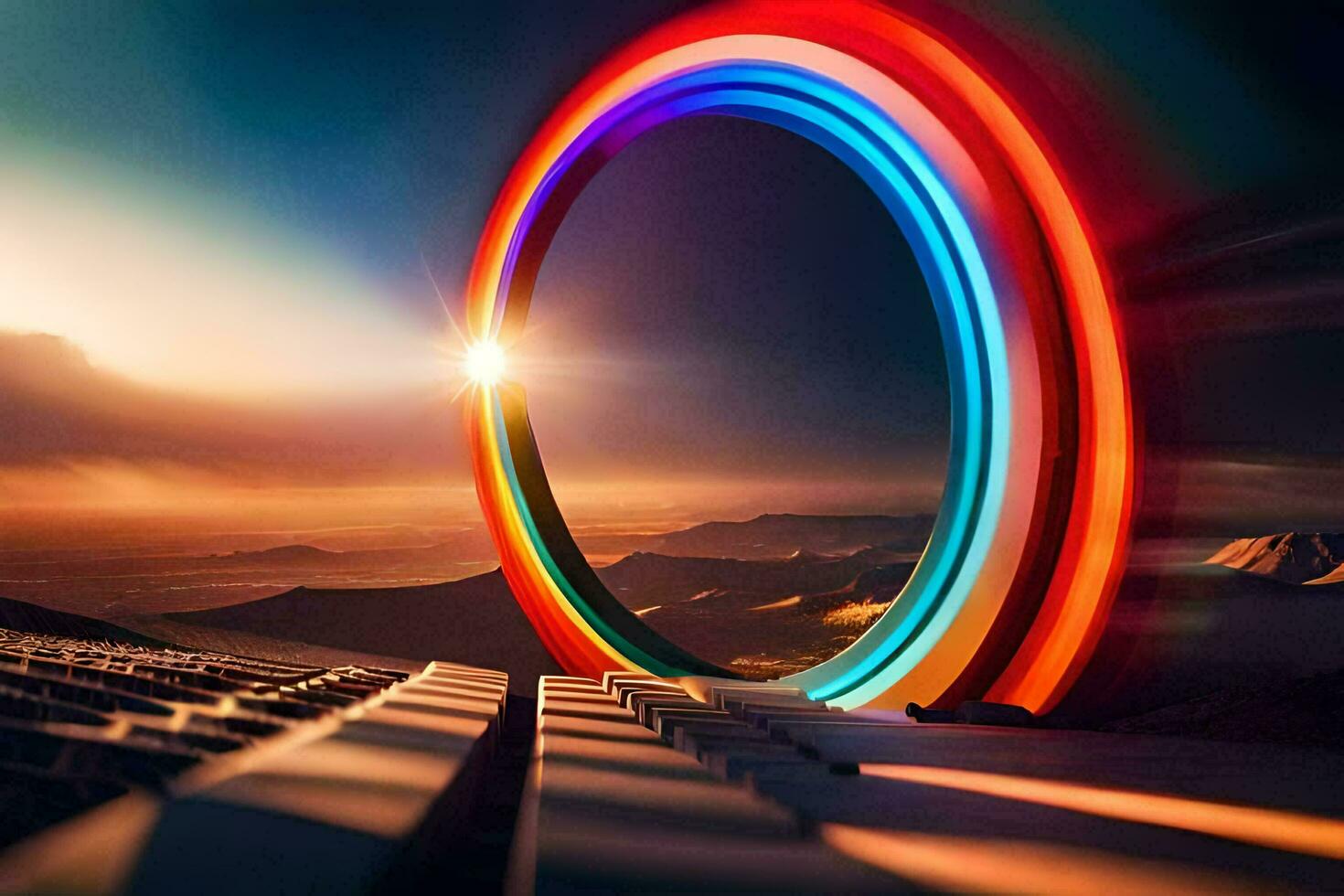en färgrik ringa är visad i främre av en berg. ai-genererad foto