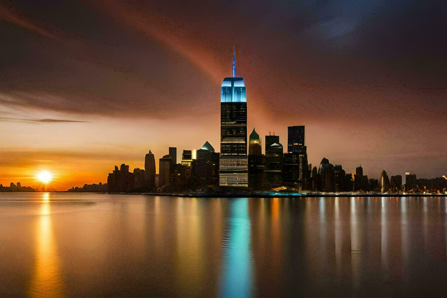 de horisont av ny york stad på solnedgång. ai-genererad foto