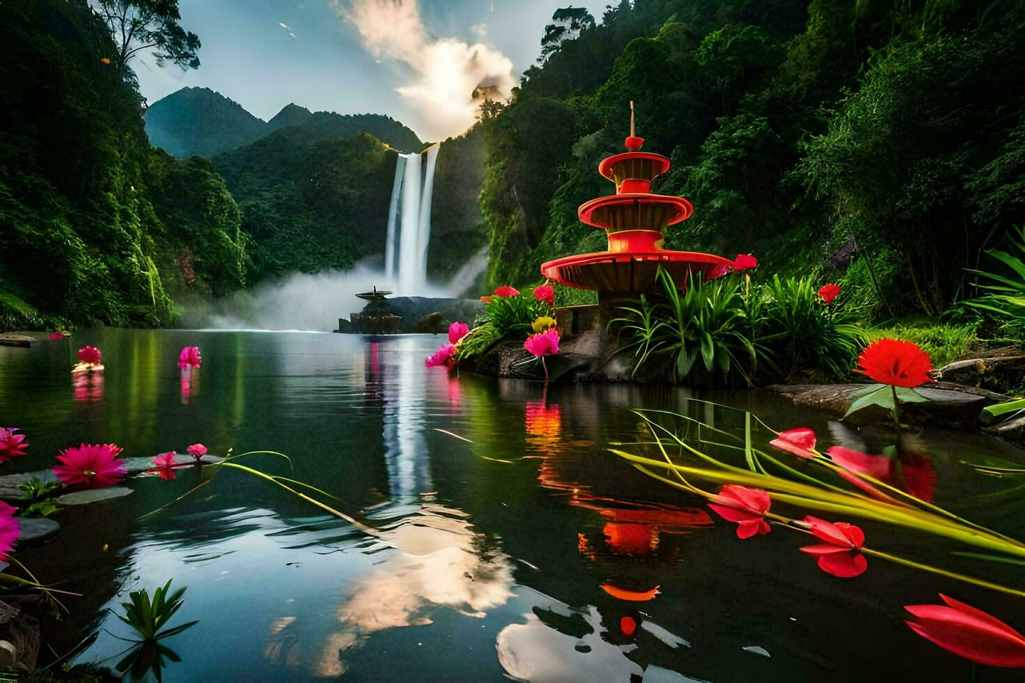 en vattenfall och en pagod i de mitten av en sjö. ai-genererad foto